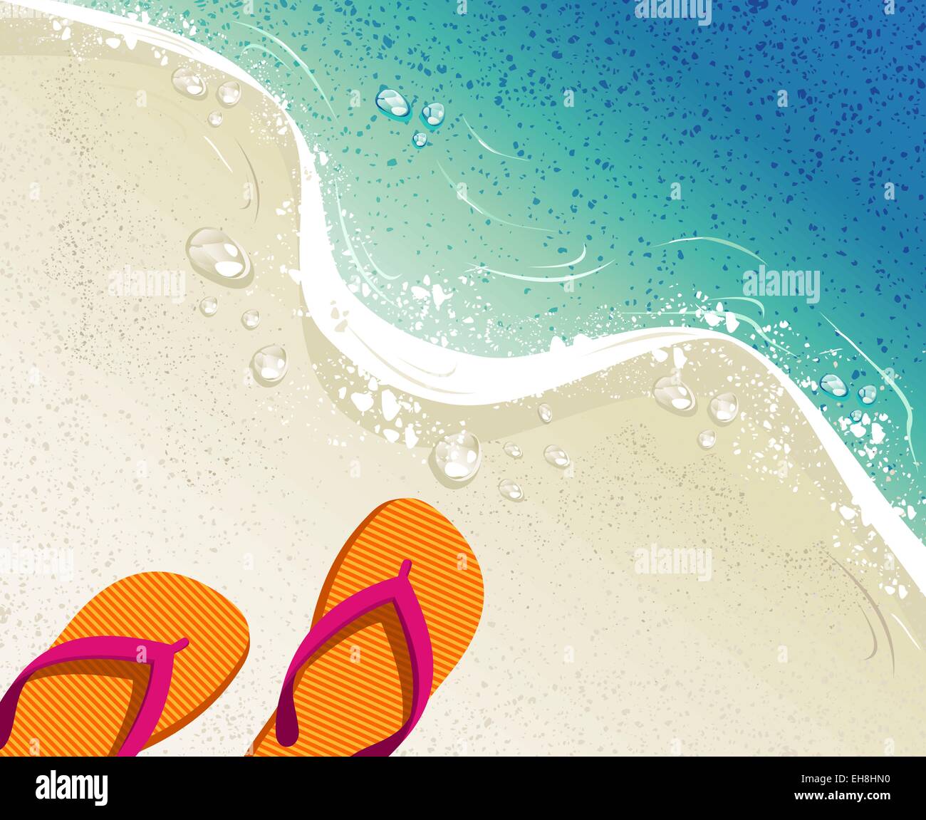 Plage et mer tropicale avec des tongs, du sable comme arrière-plan pour la conception de l'heure d'été. Vecteur EPS10. Illustration de Vecteur