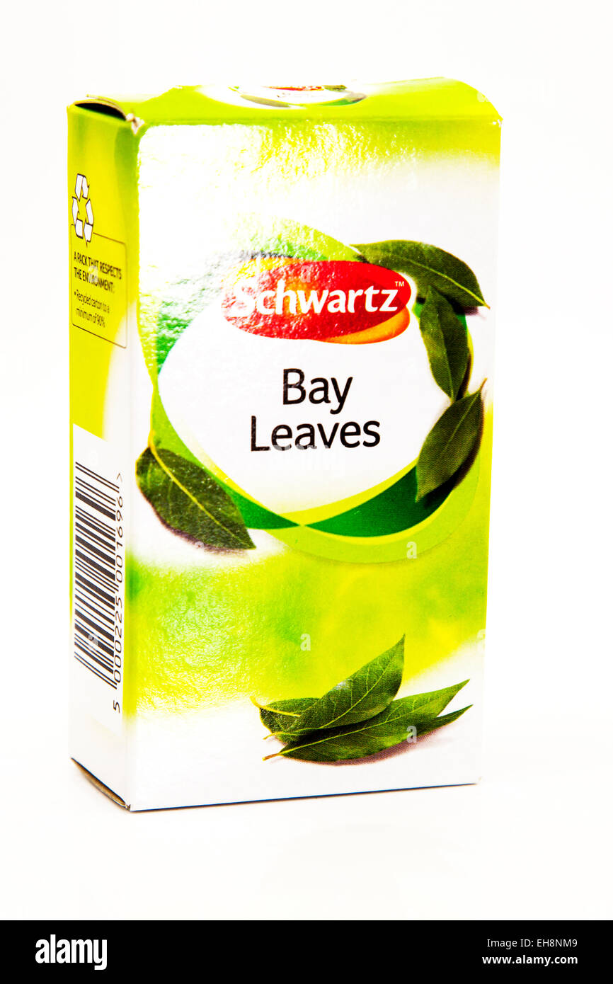 Les feuilles de laurier en boîte boîte de Schwartz Saveur Saveur découpe produit logo fond blanc copie espace isolé Banque D'Images