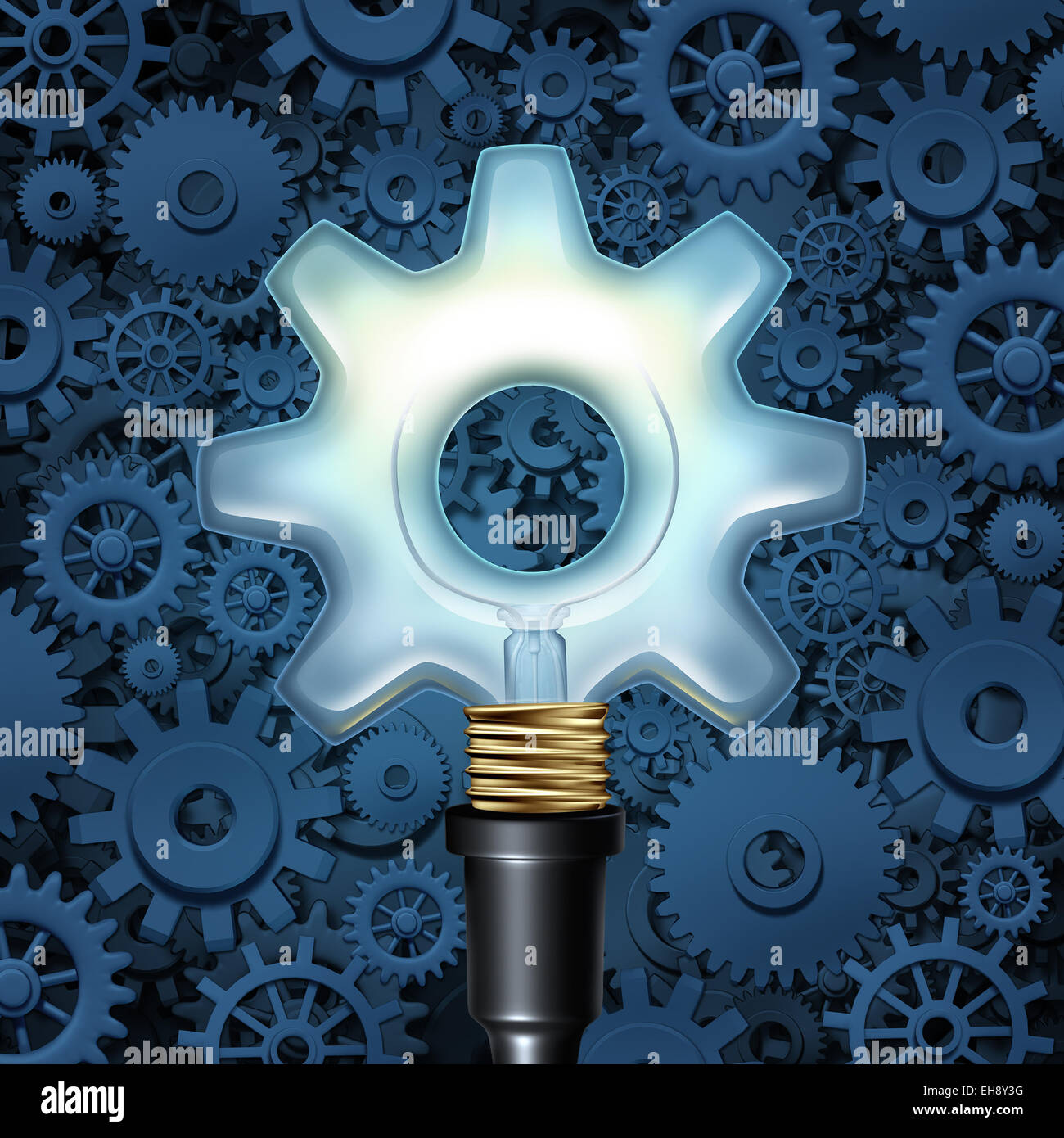 Ampoule avec gears concept commercial comme une lumière en forme de roue dentée avec des pièces de machine en arrière-plan comme un symbole de l'industrie l'imagination et l'innovation. Banque D'Images