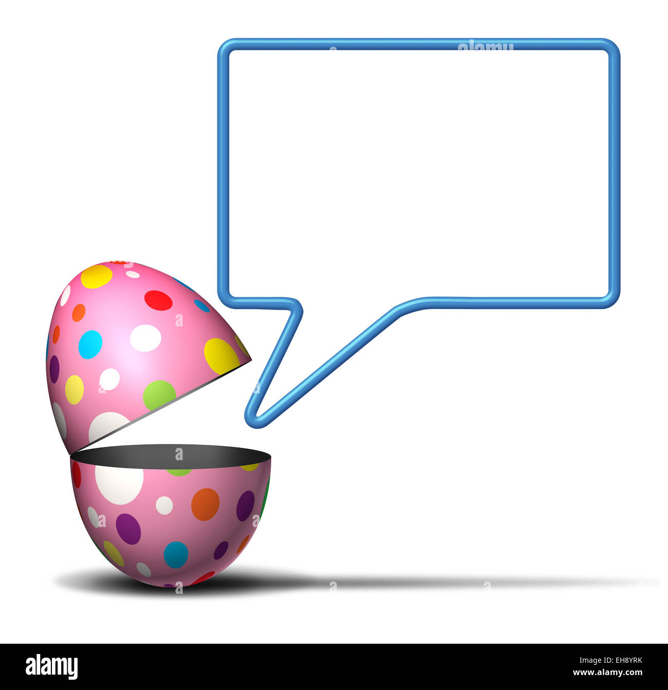 Message de Pâques comme un concept festif ouvert décoré d'oeufs au printemps avec une bulle de parler sur un fond blanc comme un symbole de la publicité et du marketing. Banque D'Images