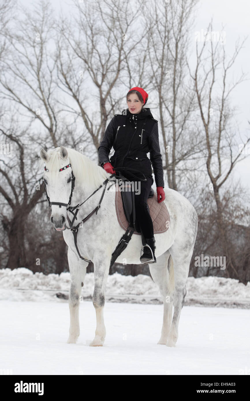 Belle brune femme en rouge son cheval pur-sang équitation in casual vêtements sports d'hiver, en plein air dans la neige Banque D'Images