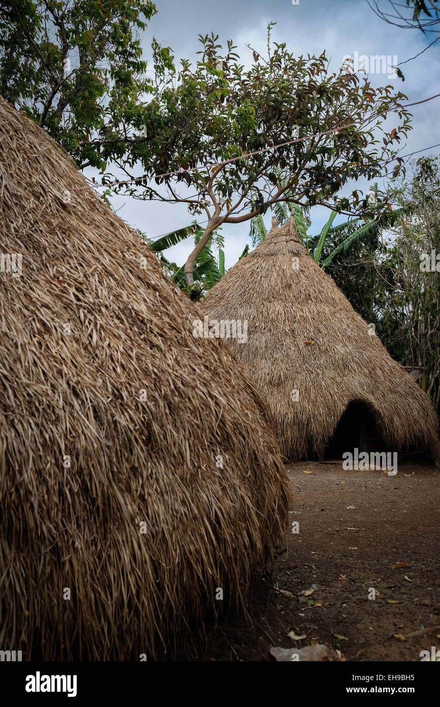 Maisons traditionnelles de personnes vivant autour du Mont Mutis. Village de Fatumnasi, Timor Centre Sud, Nusa Tenggara est, Indonésie. Banque D'Images