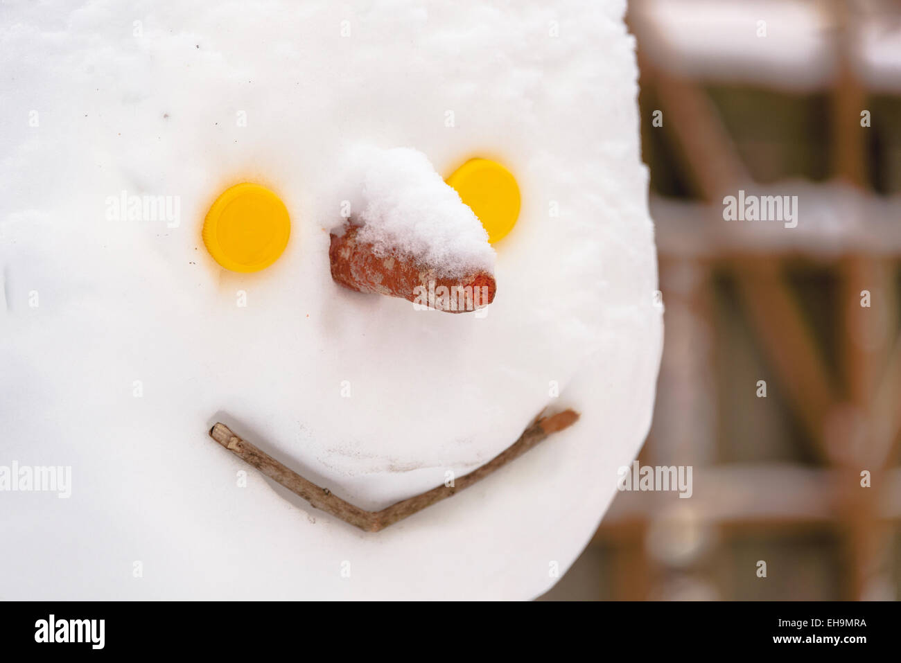 Gros plan de la tête de bonhomme à la carotte jaune nez yeux touche épique hiver copyspace blanc neige hiver joie joyeuse Banque D'Images