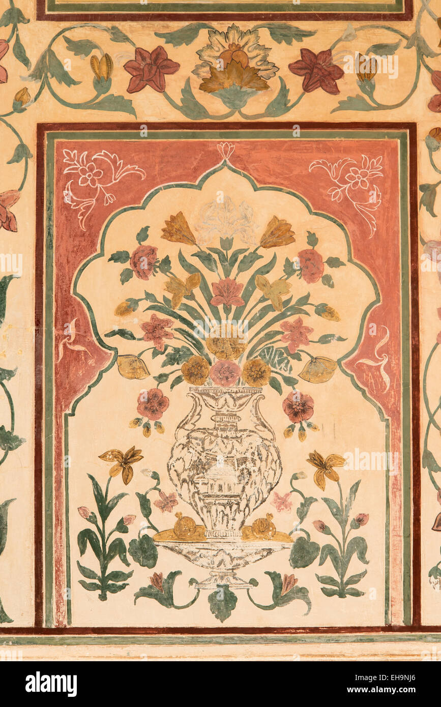 Détail architectural de mur décoré, Amber Palace (Fort Amer), Jaipur, Rajasthan, Inde Banque D'Images