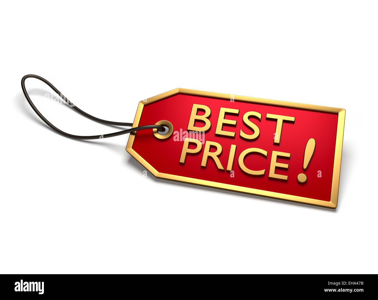 Meilleur prix badge. Autocollant rouge avec bordure dorée et ficelle attachée, isolated on white Banque D'Images