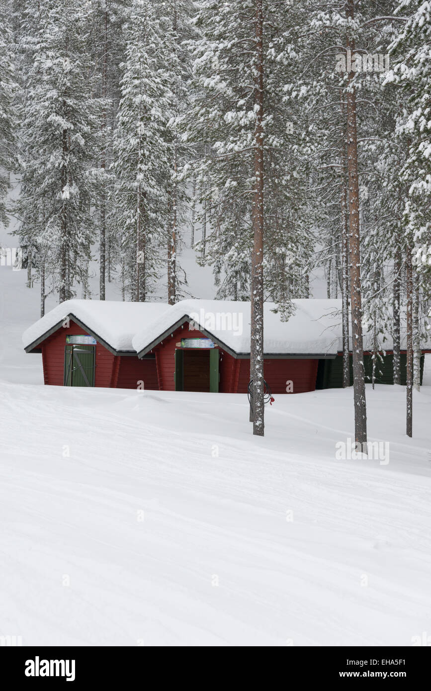 Cabanes en bois dans les bois à la station de ski de Levi Laponie Finlande Banque D'Images