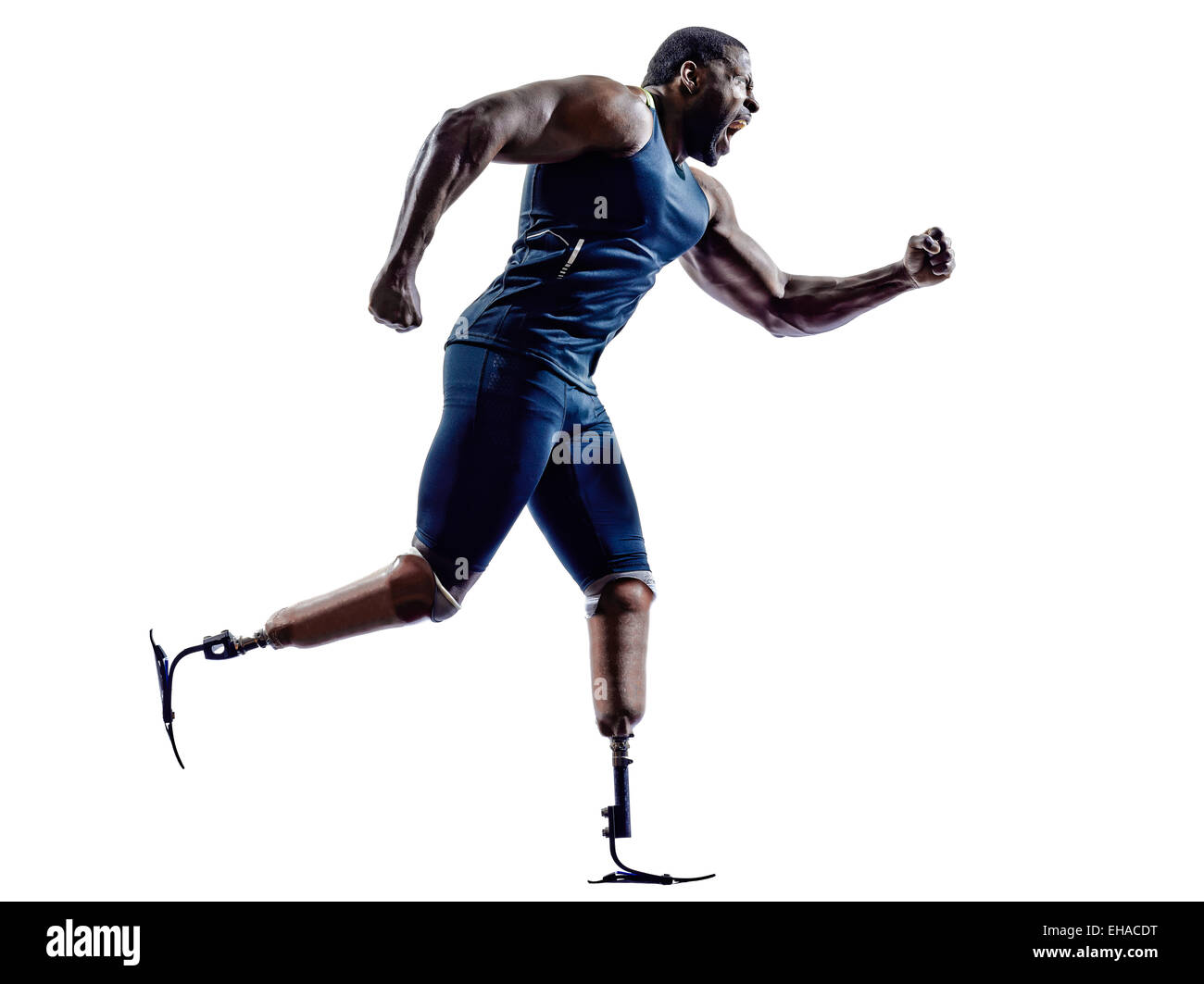 Un homme handicapé ossature musculaire sprinters avec prothèse jambes en silhouette sur fond blanc Banque D'Images