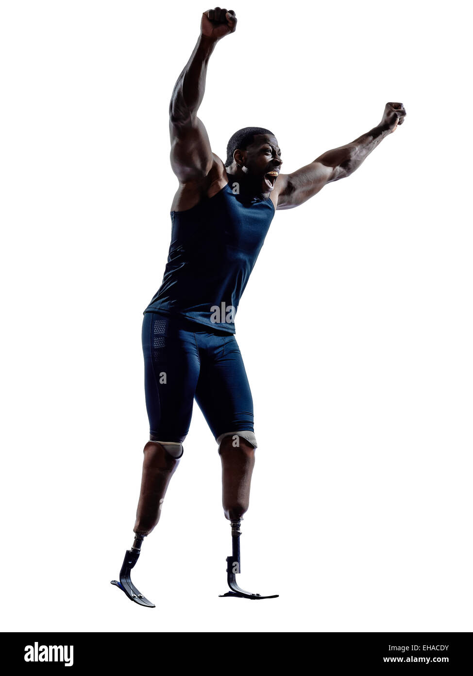 Un homme handicapé ossature musculaire sprinters avec prothèse jambes en silhouette sur fond blanc Banque D'Images