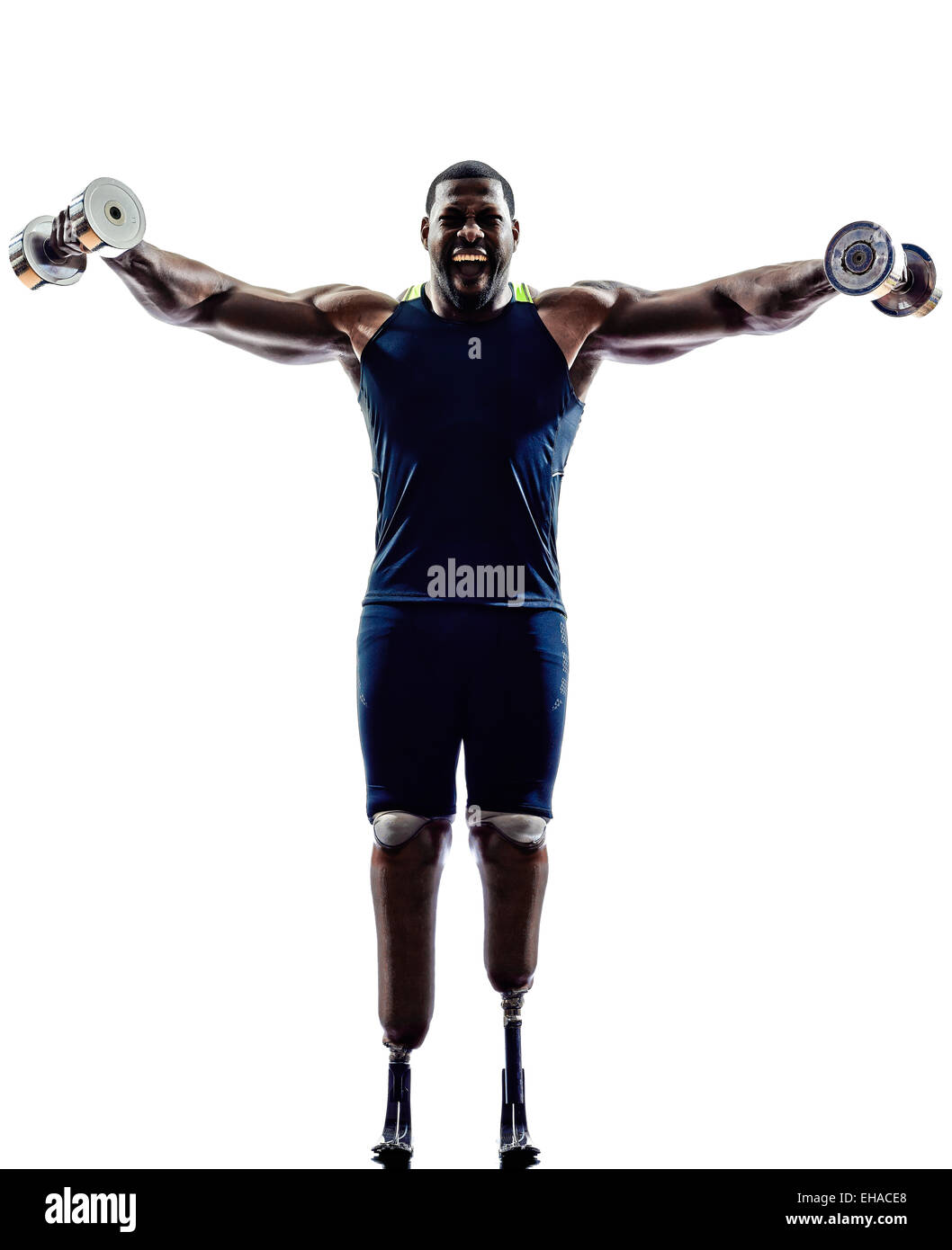 Un homme handicapé musculaire body builders building les masses à l'jambes prothèse dans silhouette sur fond blanc Banque D'Images