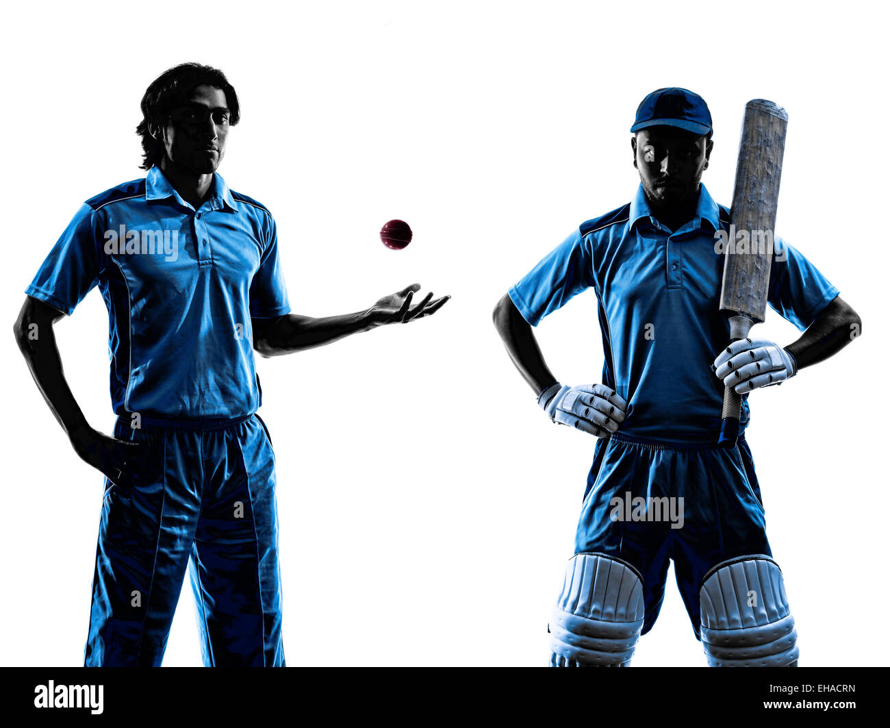 Deux joueurs de cricket en silhouette ombre sur fond blanc Banque D'Images