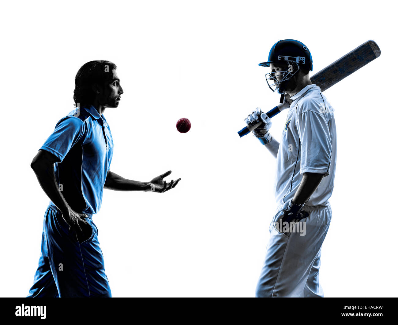 Deux joueurs de cricket en silhouette ombre sur fond blanc Banque D'Images