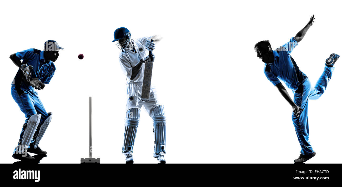 Joueurs de cricket en silhouette ombre sur fond blanc Banque D'Images