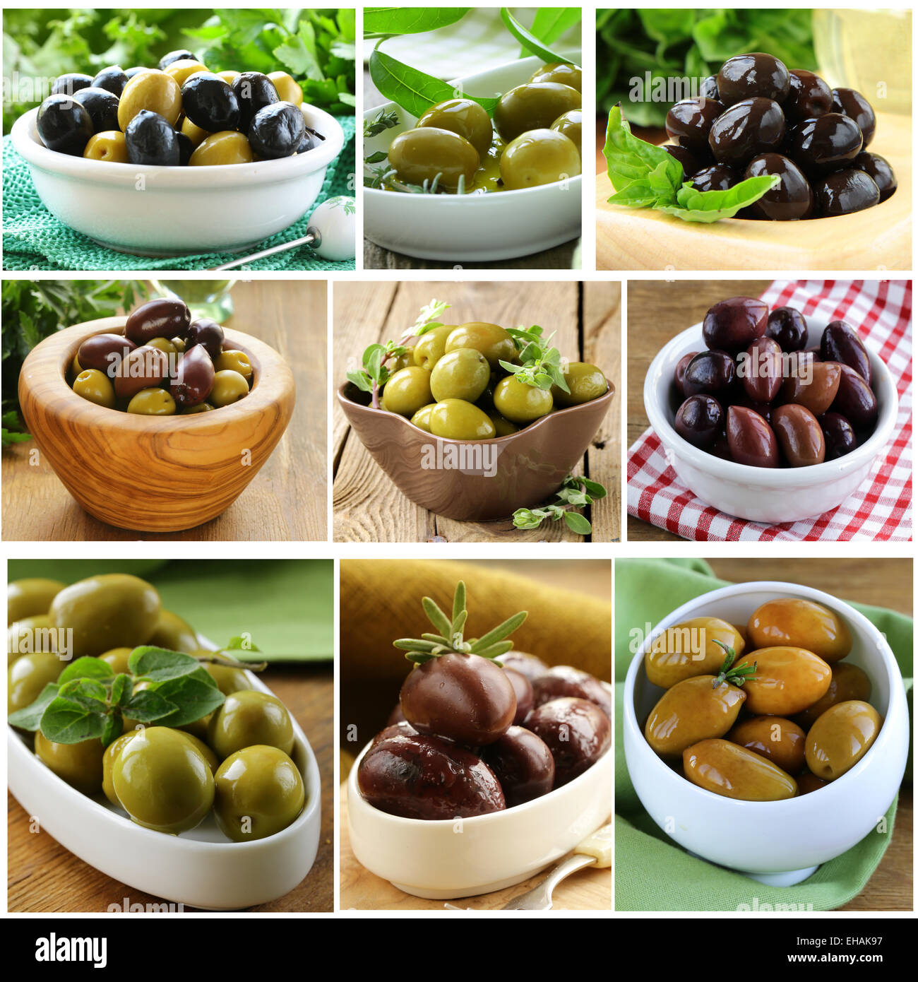 Collage de différentes variétés d'olives kalamata (, vert, noir) Banque D'Images