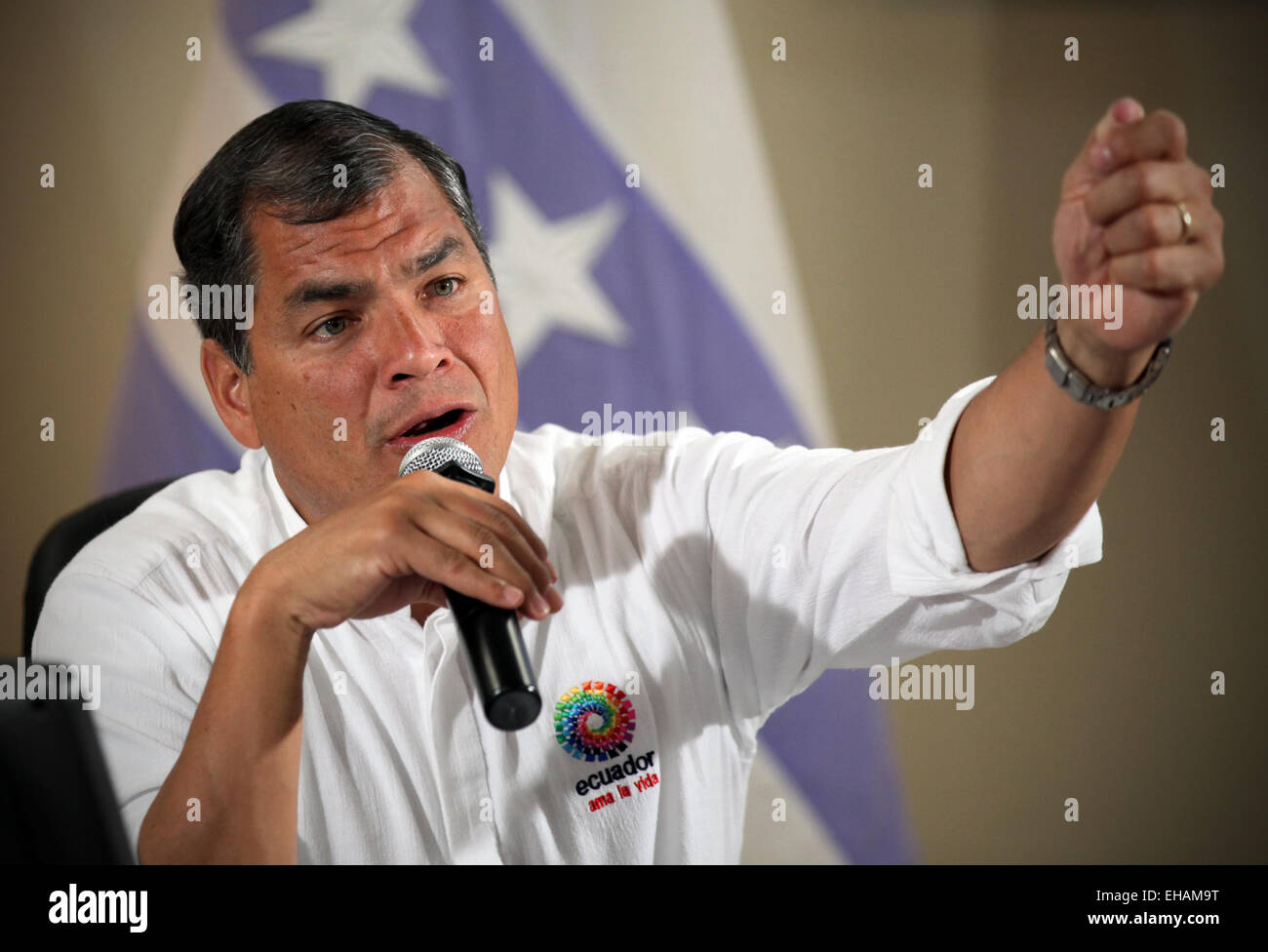 Guayaquil, Équateur. Mar 10, 2015. Le président équatorien Rafael Correa s'est entretenu avec des représentants des médias à Guayaquil, Équateur, le 10 mars 2015. Credit : Santiago Armas/Xinhua/Alamy Live News Banque D'Images