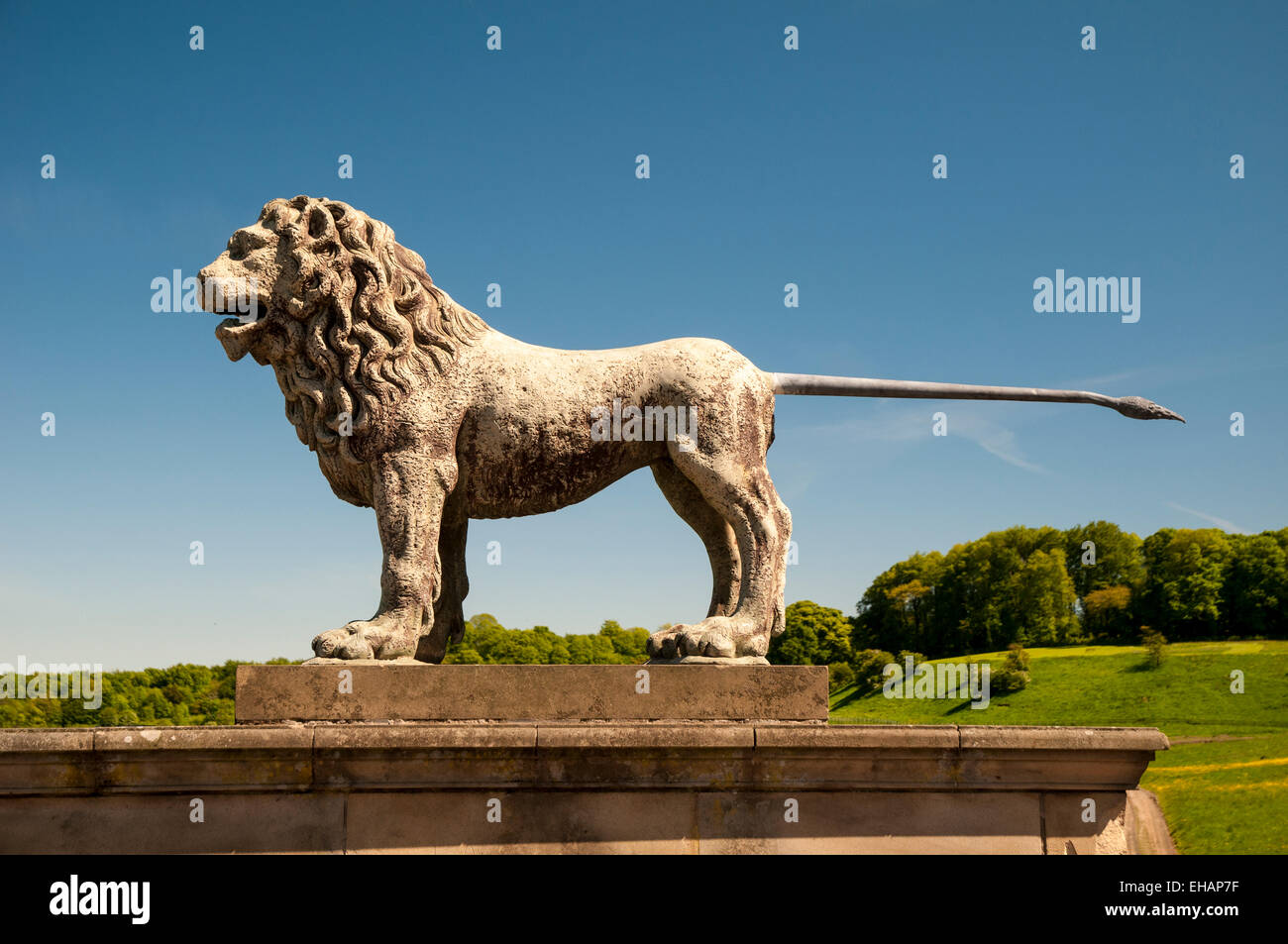 Un lion de pierre, emblème de la famille Percy, ornant le Lion qui porte bien son nom, le pont de la rivière Aln à Alnwick en ép Banque D'Images