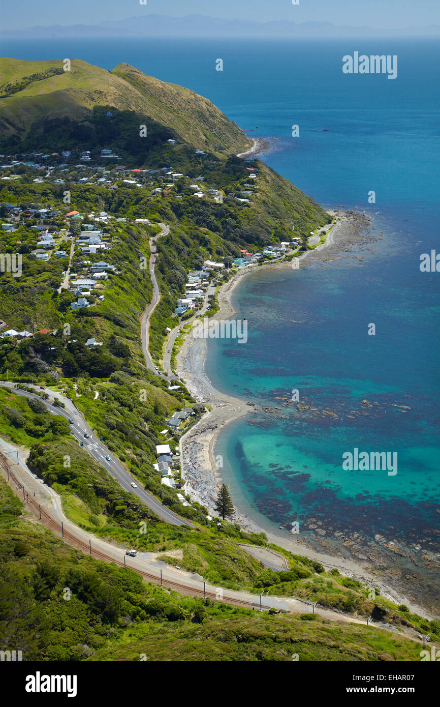 Pukerua Bay, région de Wellington, Île du Nord, Nouvelle-Zélande - vue aérienne Banque D'Images