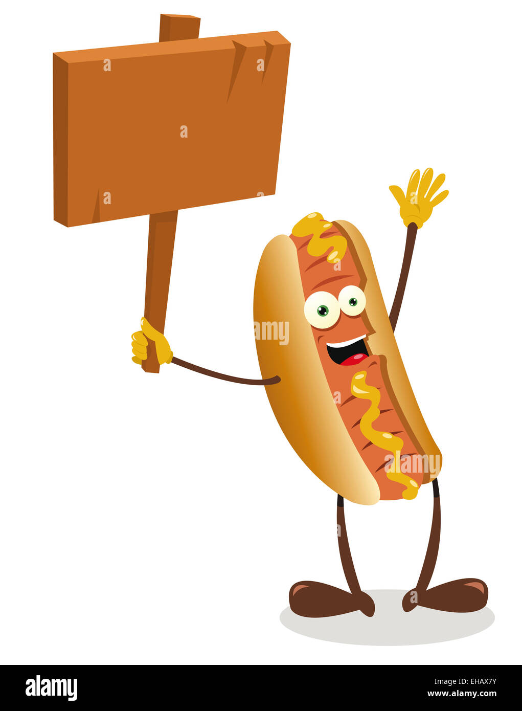 Un vecteur caricature représentant un drôle de hot dog holding a blank panneau en bois Banque D'Images