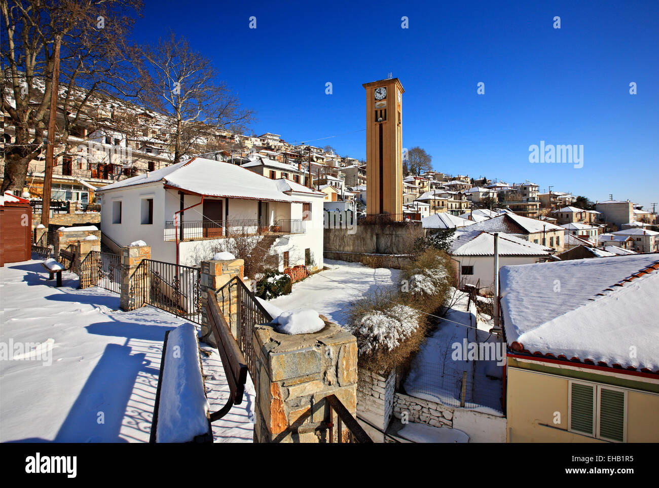 Rapsani village (célèbre pour ses vins) sur les pentes du mont Olympe, Larissa, Thessalie, Grèce. Banque D'Images