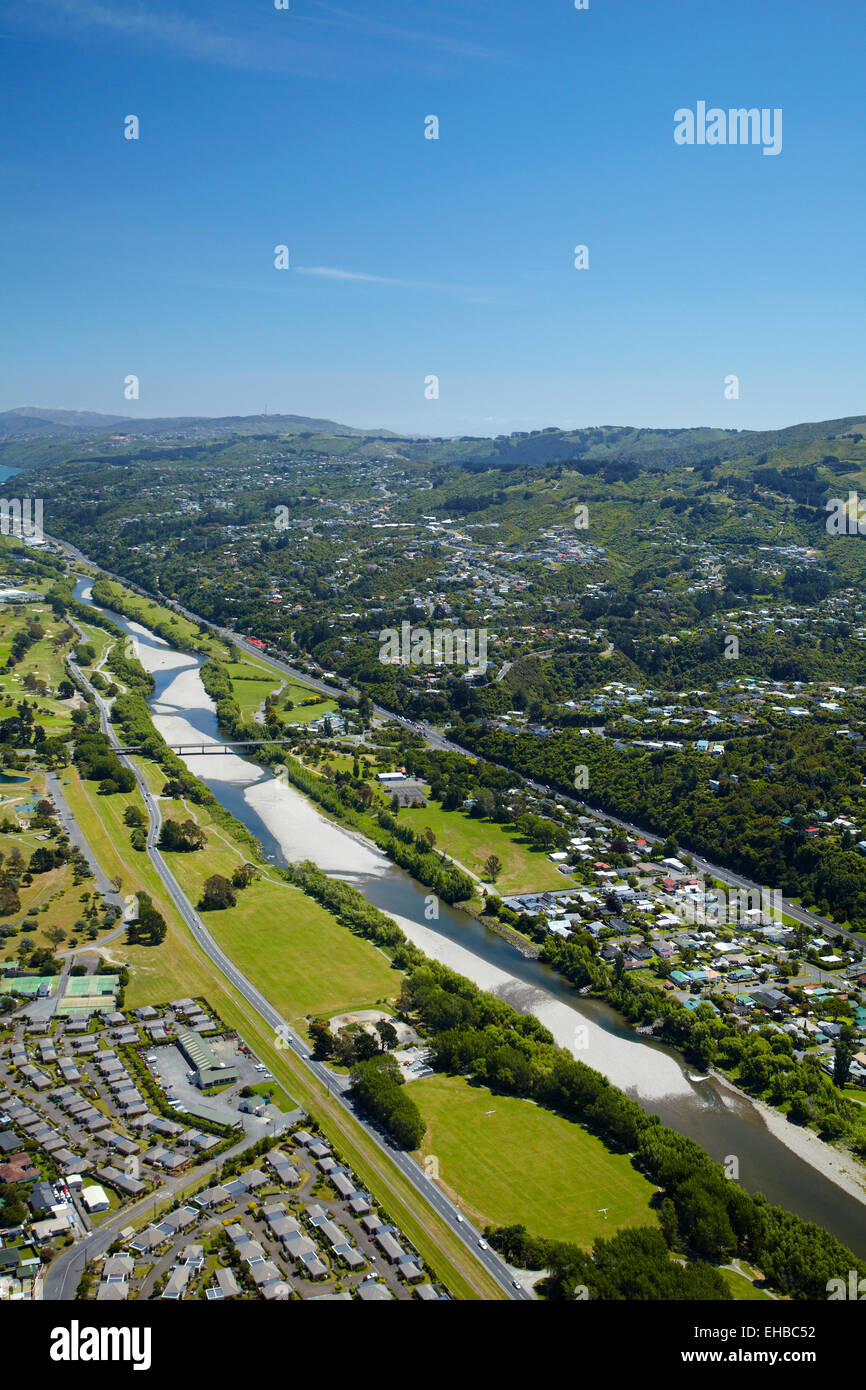 Et la vallée de Hutt River Hutt, Lower Hutt, Wellington, Île du Nord, Nouvelle-Zélande - vue aérienne Banque D'Images