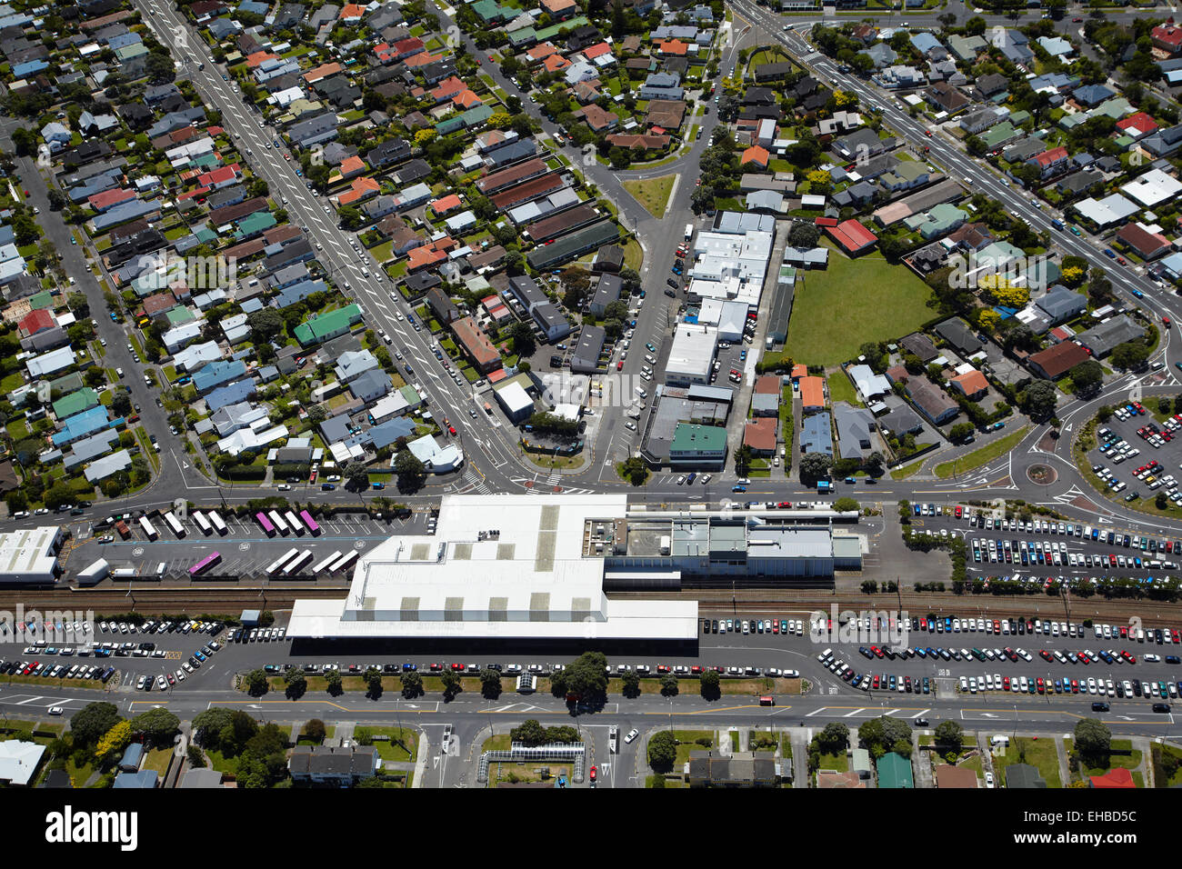 Waterloo Informatisé (HUTT) Central Railway Station, Lower Hutt, Wellington, Île du Nord, Nouvelle-Zélande - vue aérienne Banque D'Images