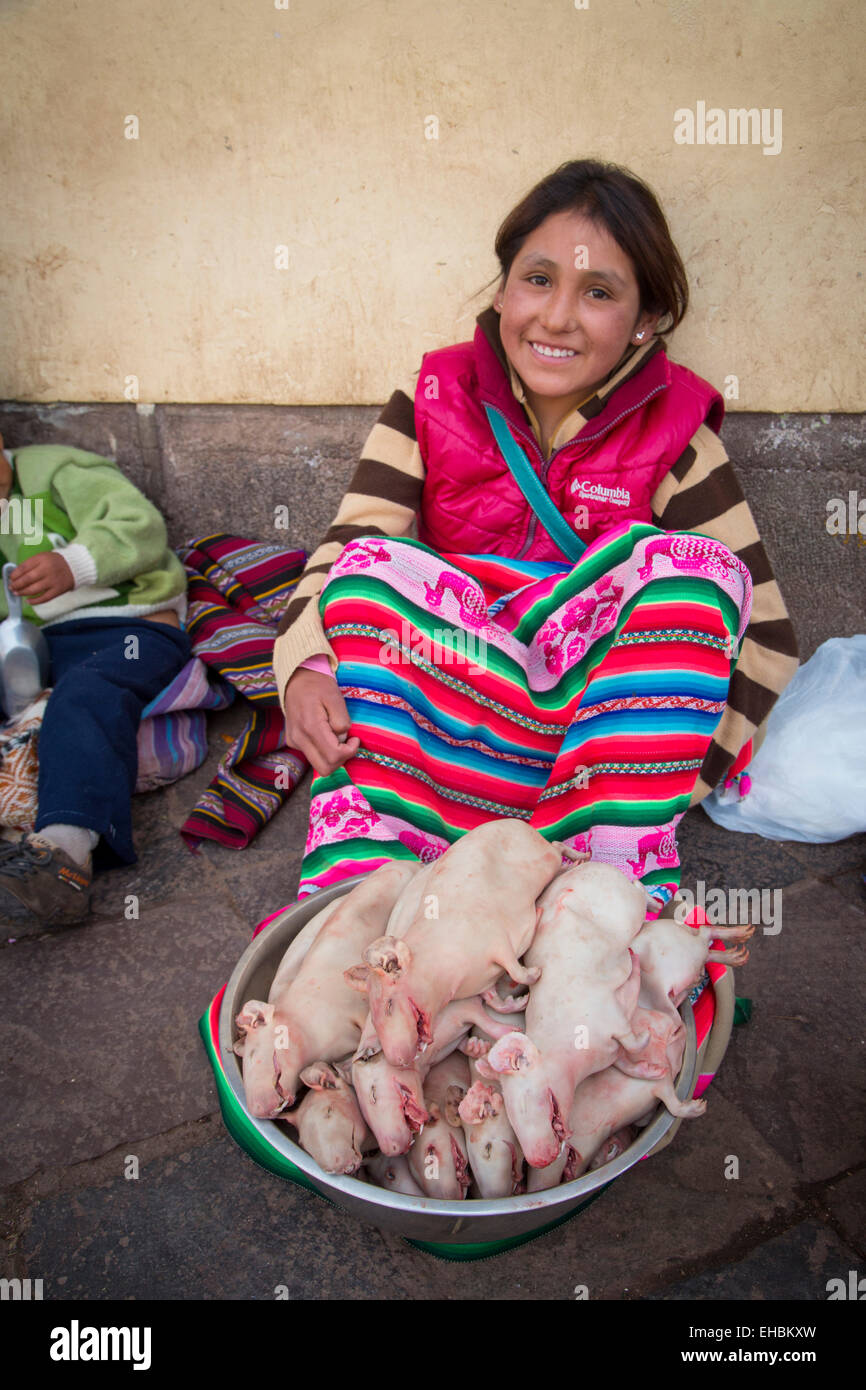 Femme Quechua, la vente des cobayes, Marché de San Pedro, Cusco, Pérou, Province de l'Urubamba Banque D'Images