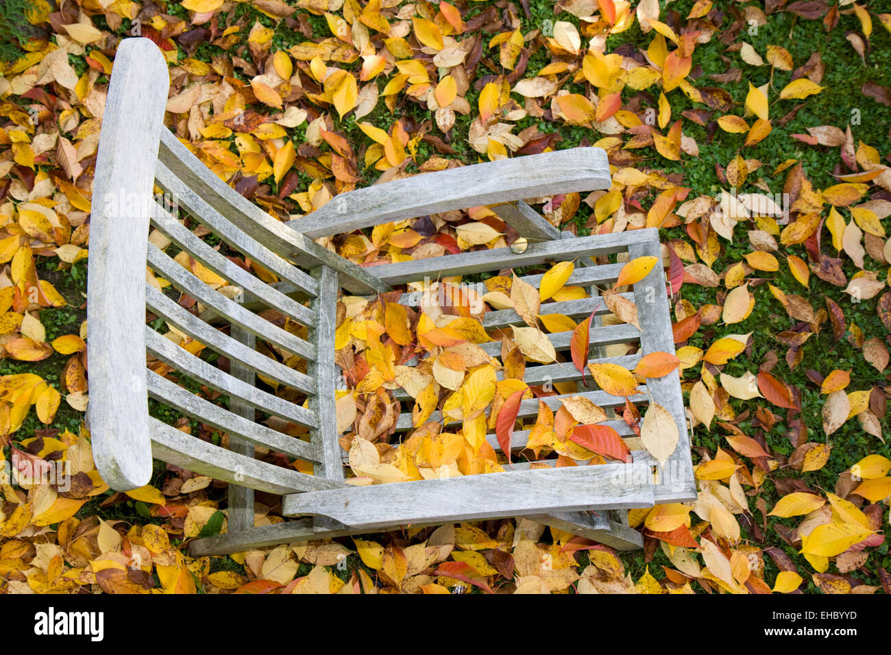 Hölzerner Liegestuhl mit Blätter im Herbst Banque D'Images