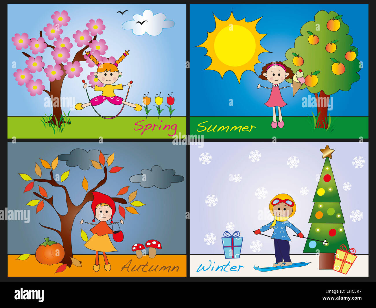 Illustration de quatre saisons avec les enfants Banque D'Images