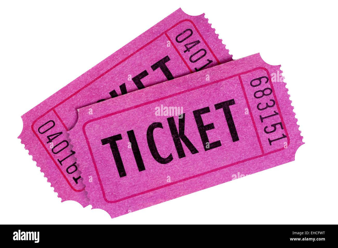 Violet ou rose deux tickets de cinéma ou de tombola isolé sur un fond blanc. Banque D'Images Violet ou rose deux tickets de cinéma ou de tombola isolé sur un fond blanc. Banque D'Images