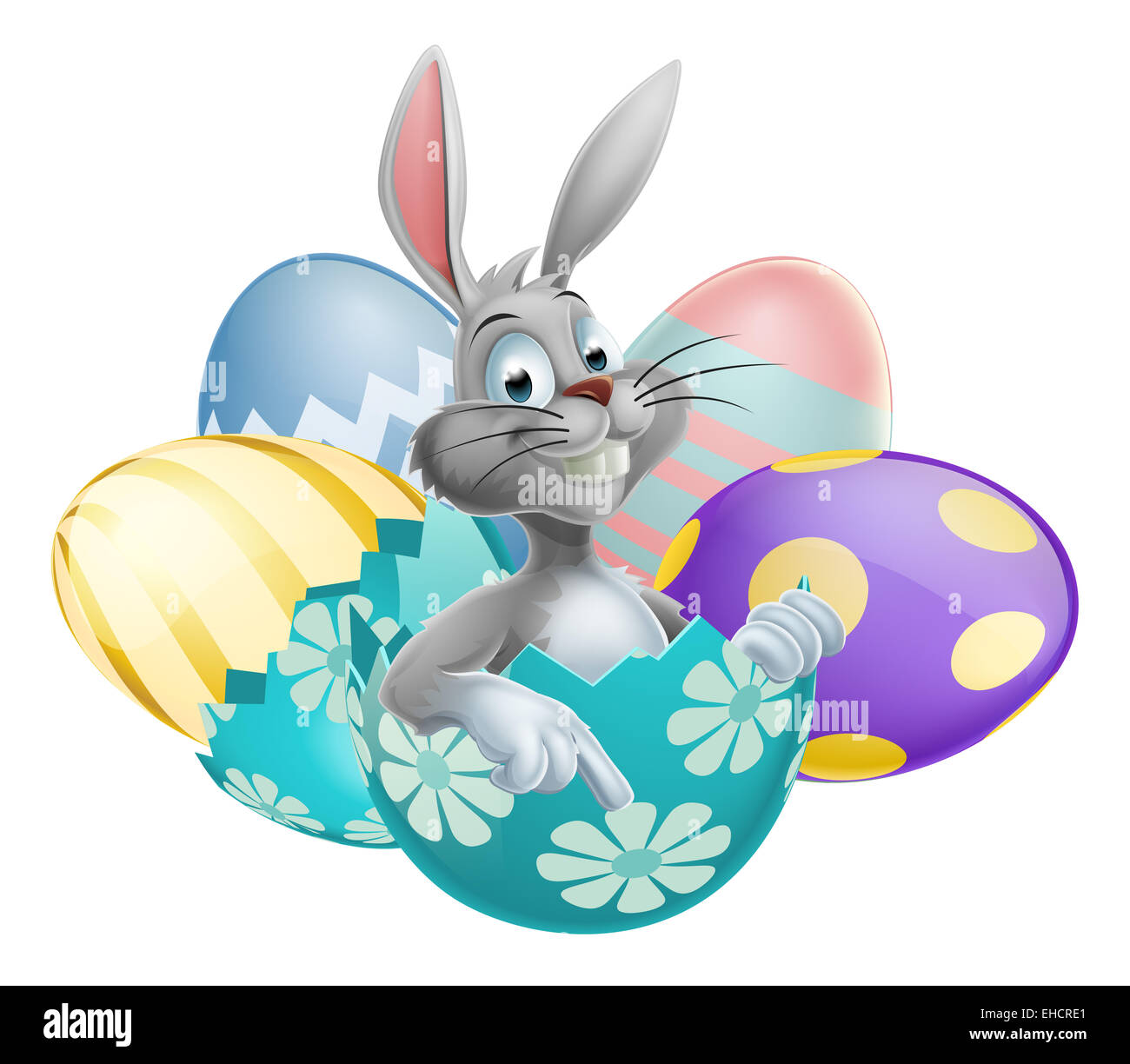 Les oeufs de Pâques géant qui montre de l'happy cute cartoon Lapin de Pâques blanc Banque D'Images