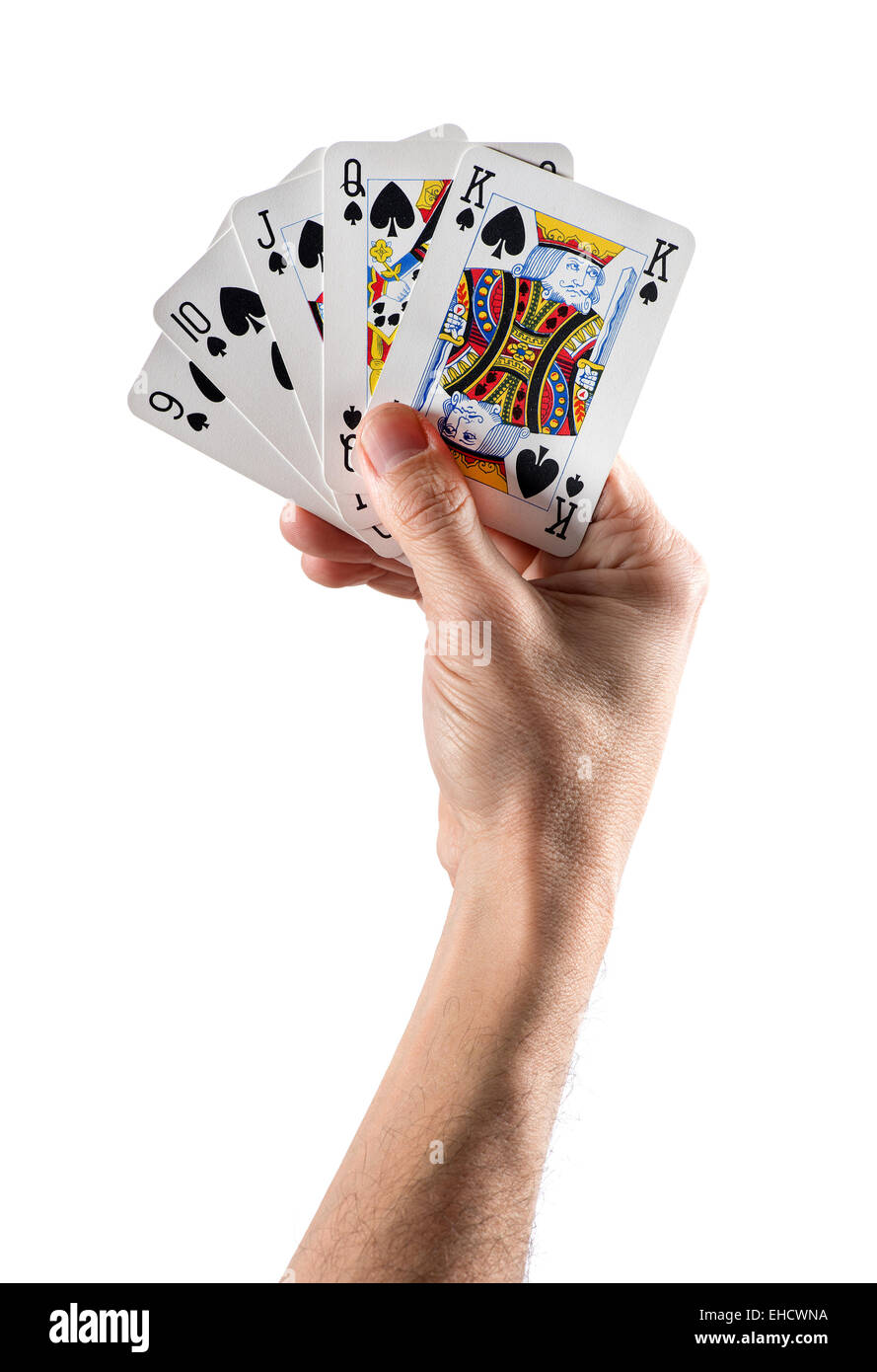 Main tenant de hautes cartes formant combinaison linéaire dans le Poker Banque D'Images