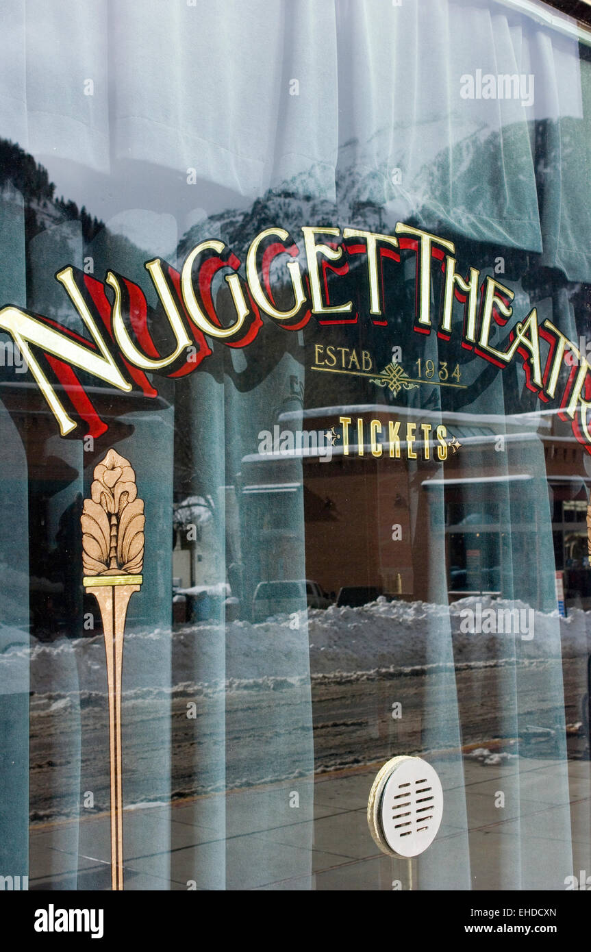 Nugget theatre ticket office window, Telluride, Colorado. Banque D'Images