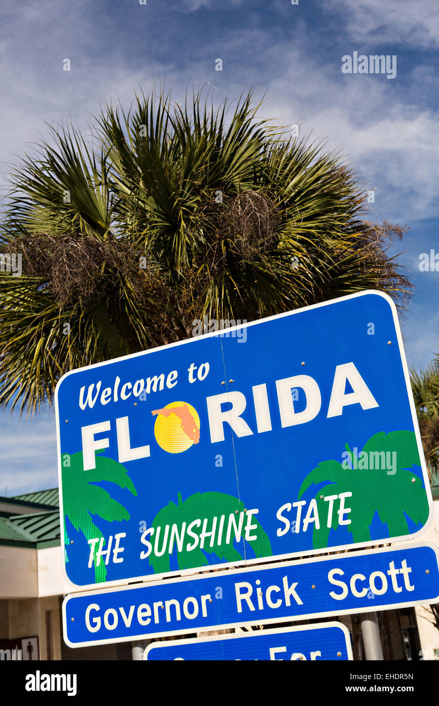 Bienvenue à la Floride signer au centre des visiteurs sur la I-95 à Yulee, FL. Banque D'Images