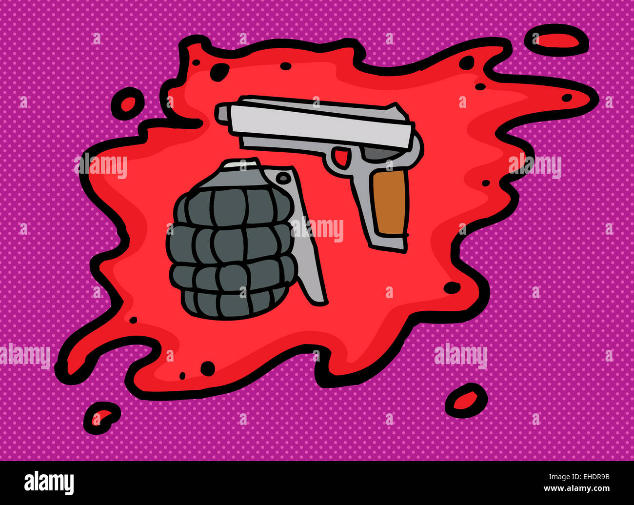 Grenade à main et de pistolet en sang sur purple Banque D'Images