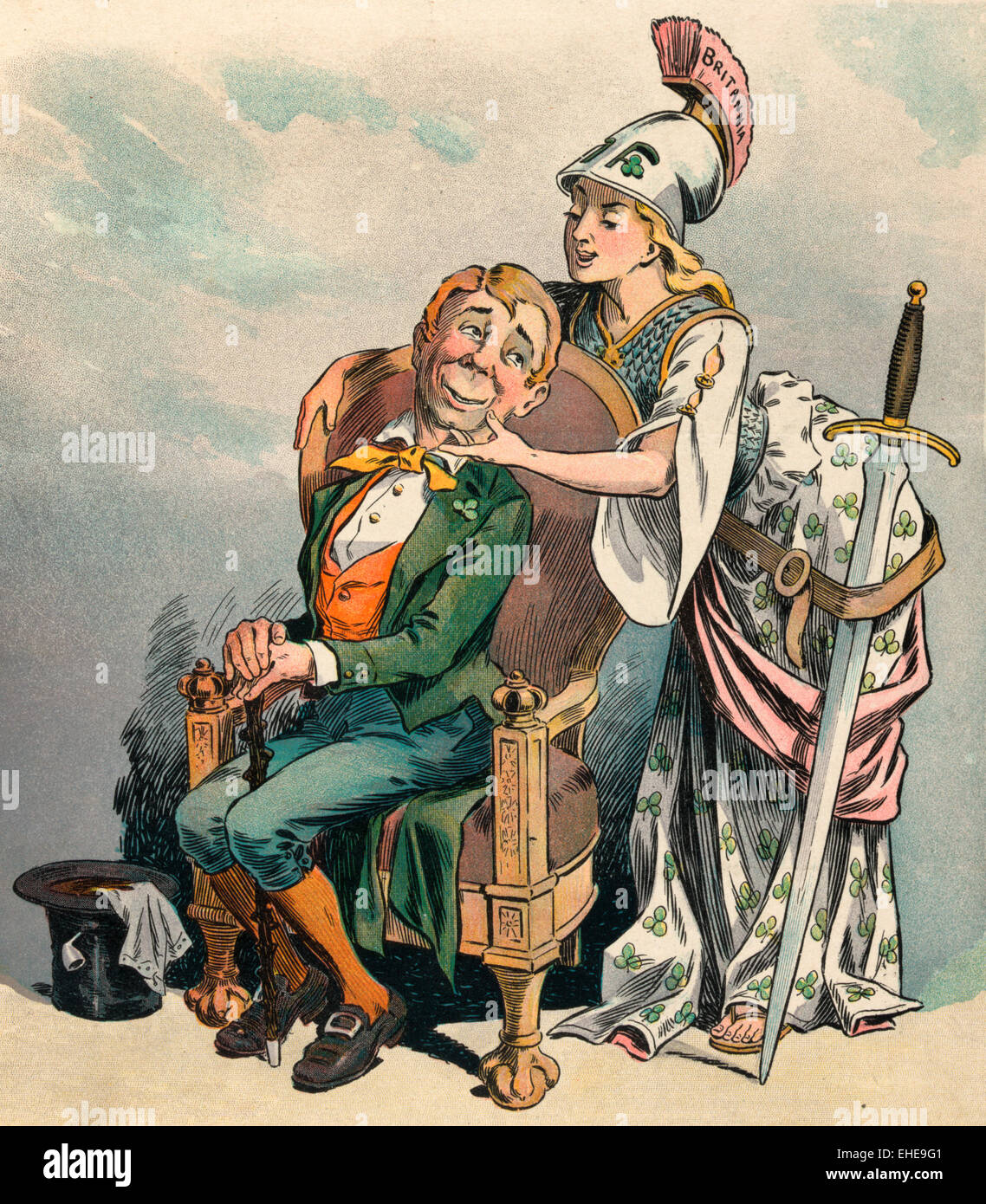 Un flirt - Illustration montrant Britannia portant une robe ornée de trèfles, une armure plastron, casque, et avec une grande épée à son côté, courtisant un irlandais assis sur une chaise. Caricature politique, vers 1900 Banque D'Images