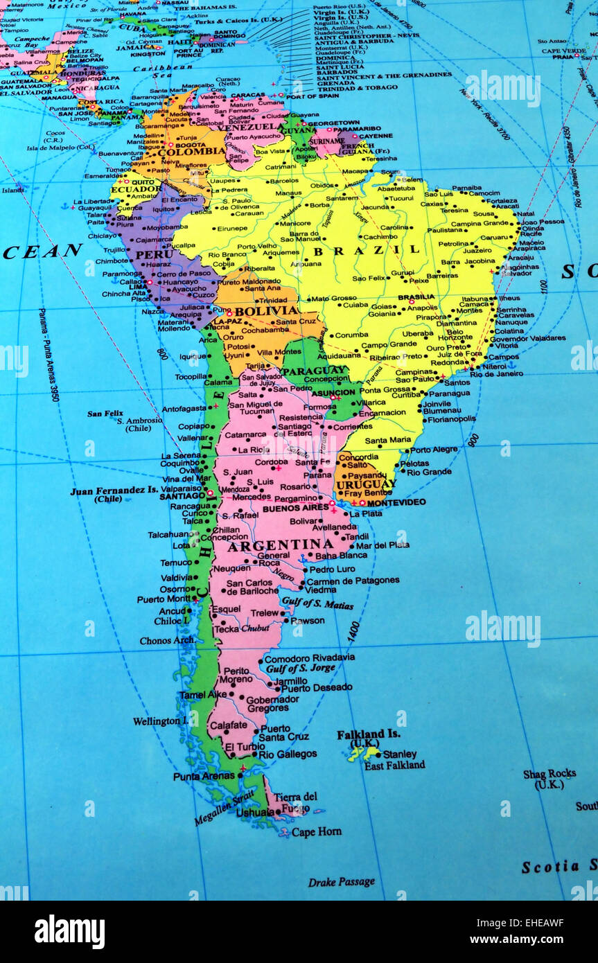 La carte de l'Amérique du Sud. Banque D'Images