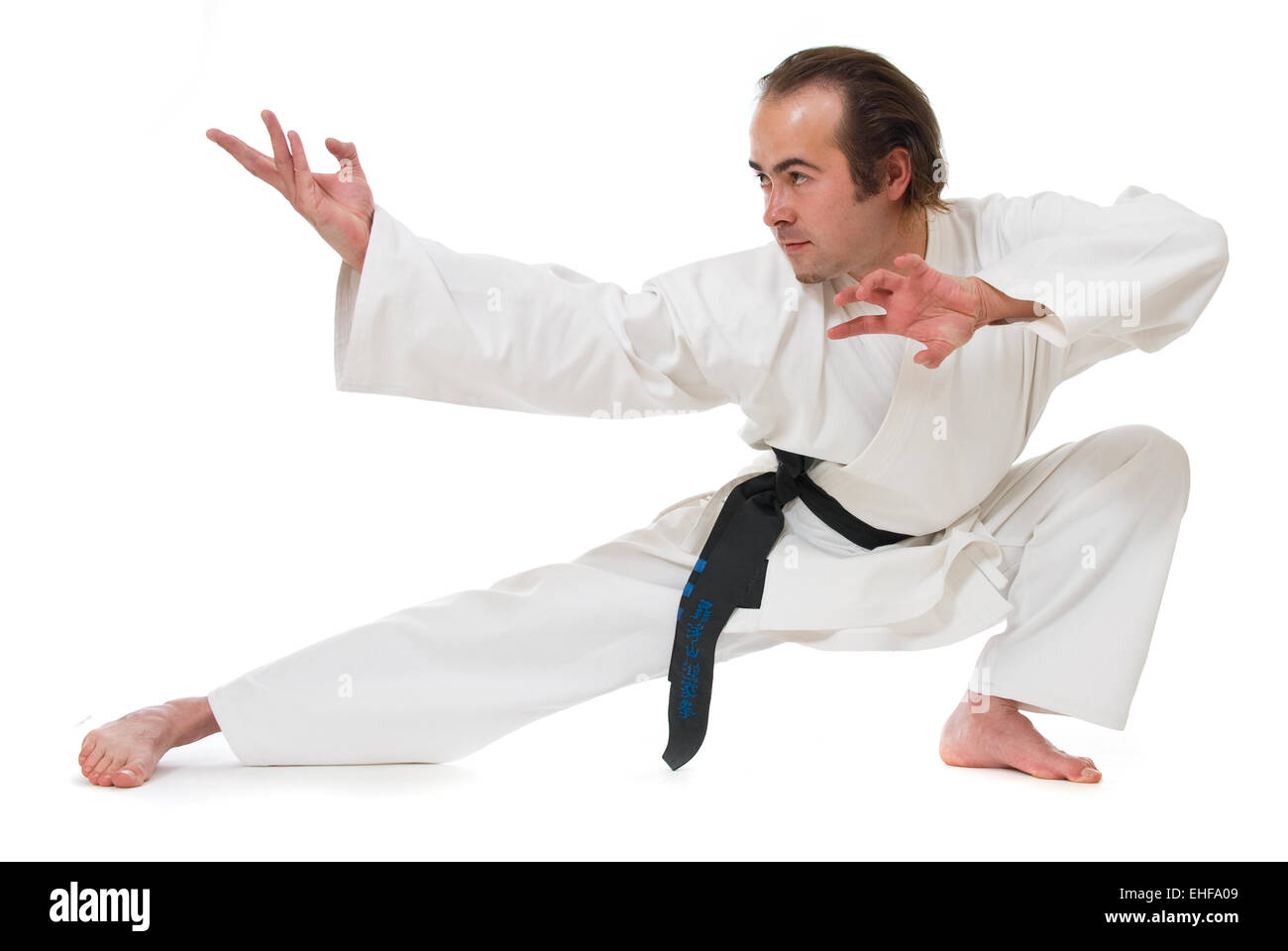 Karate fighter sur fond blanc Banque D'Images