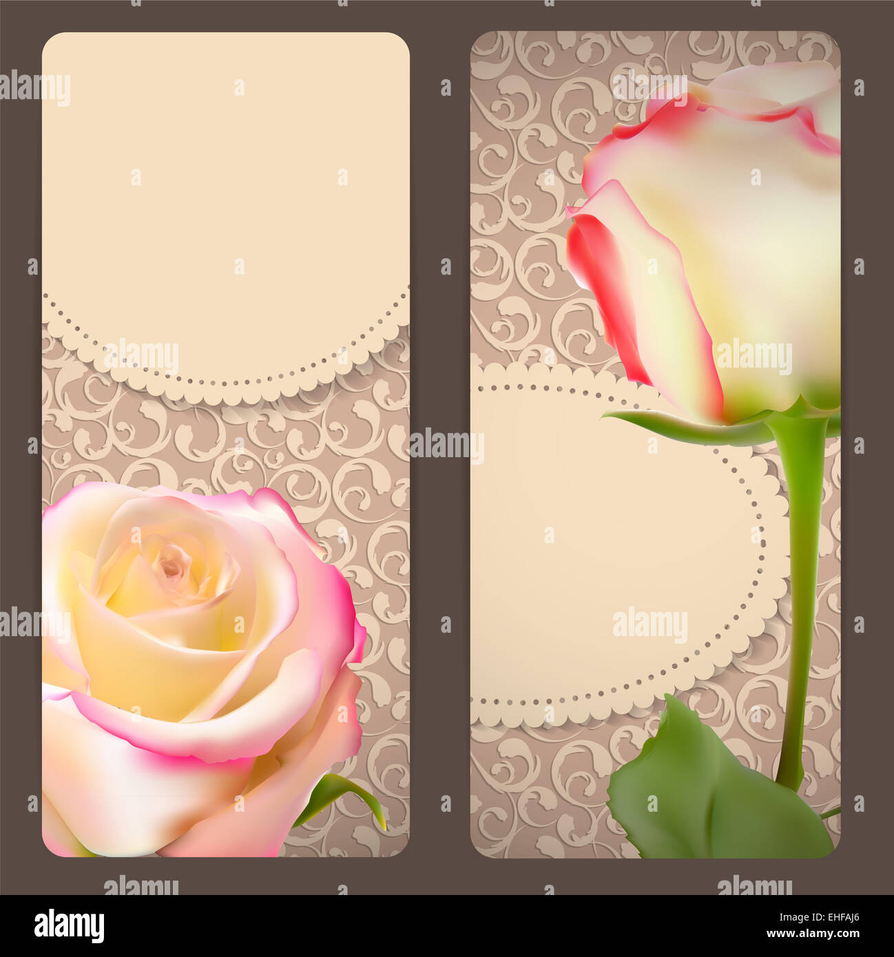 Belles cartes florales avec des fleurs Rose Illus vecteur réaliste Banque D'Images