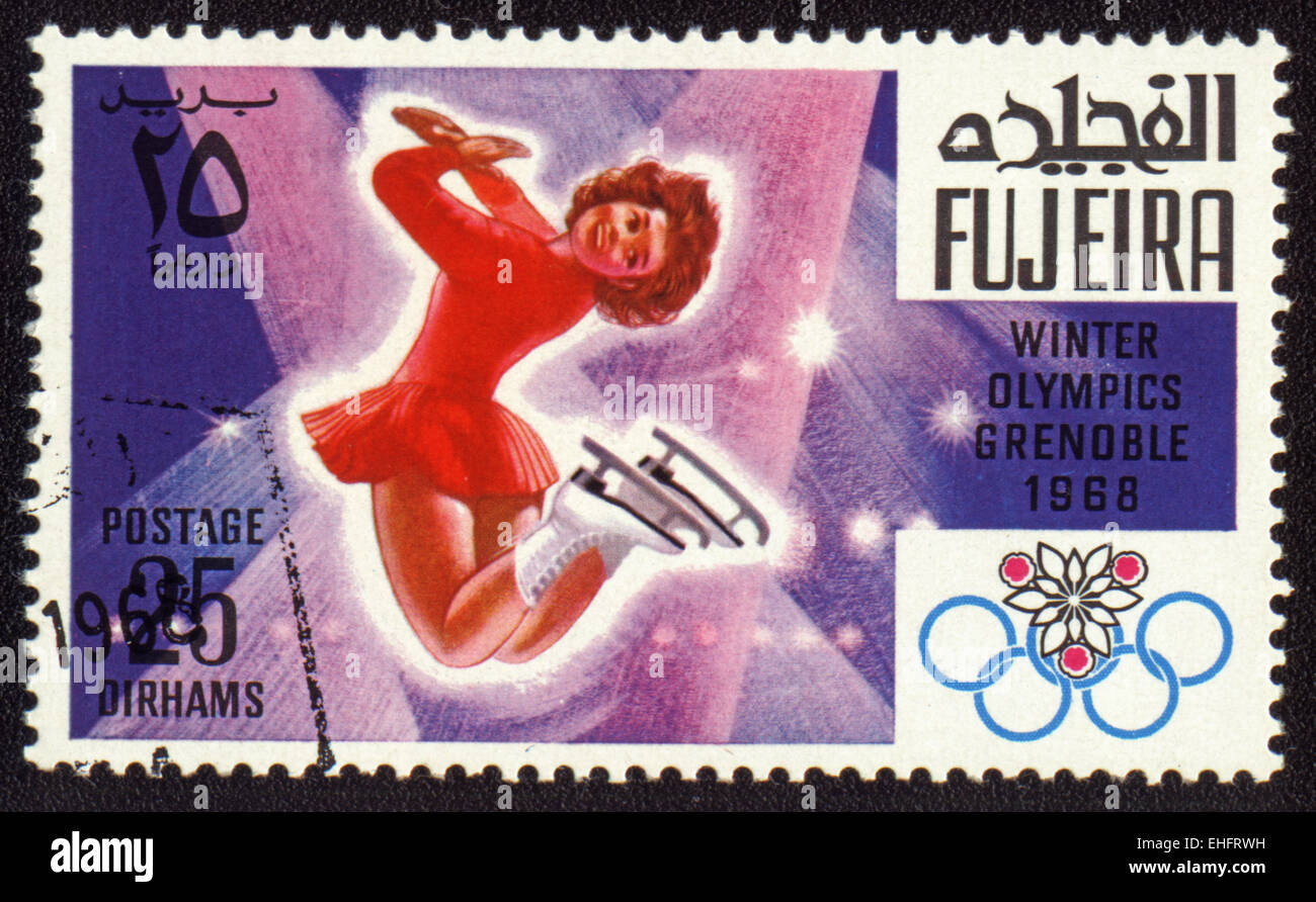 Timbre-poste de Fujeira montre Jeux Olympiques d'hiver de Grenoble 1968. Figure skating Banque D'Images