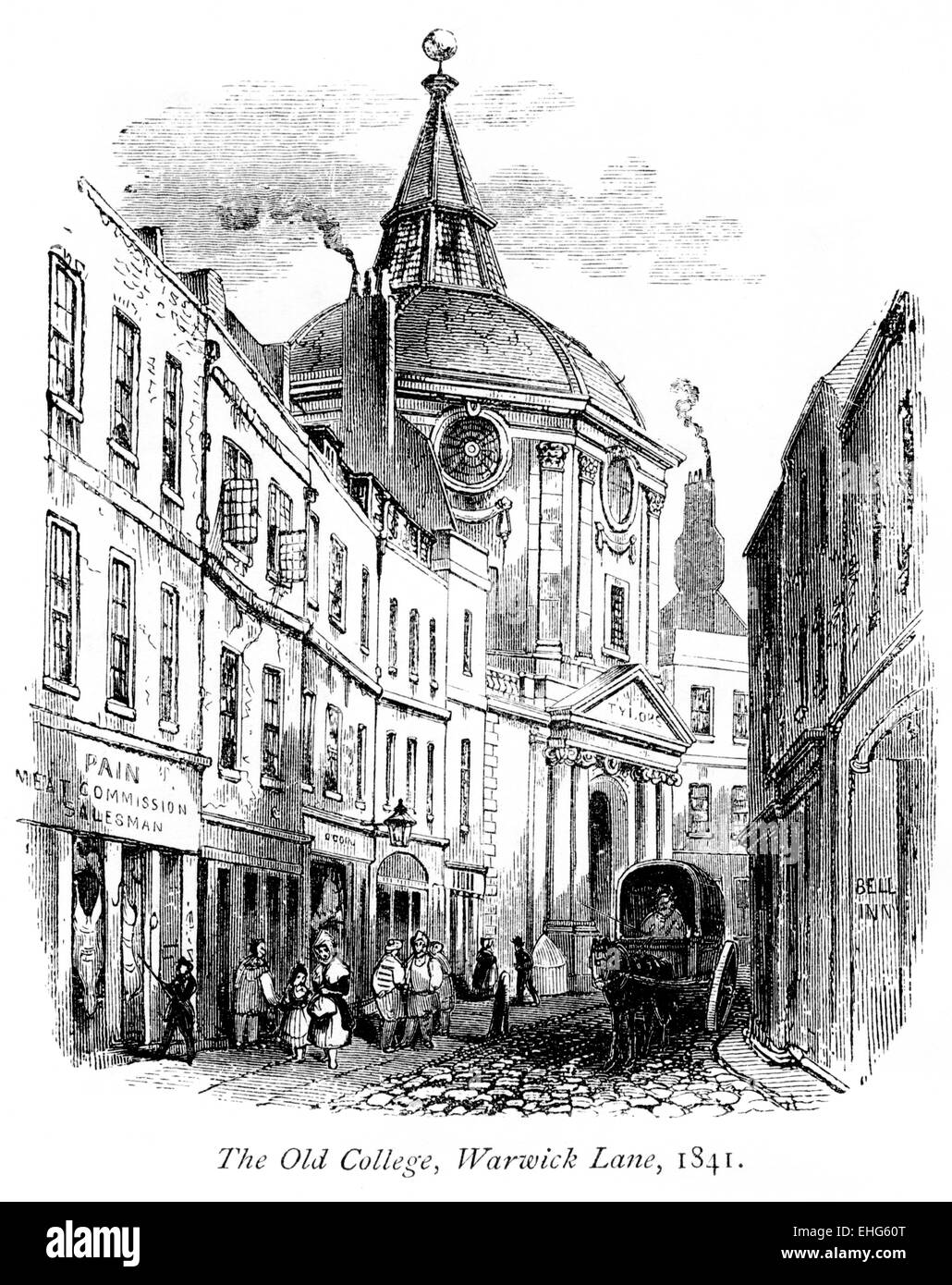 Gravure de l'ancien Collège des médecins, Warwick Lane, Londres en 1841 numérisées à haute résolution à partir d'un livre imprimé en 1867. Banque D'Images
