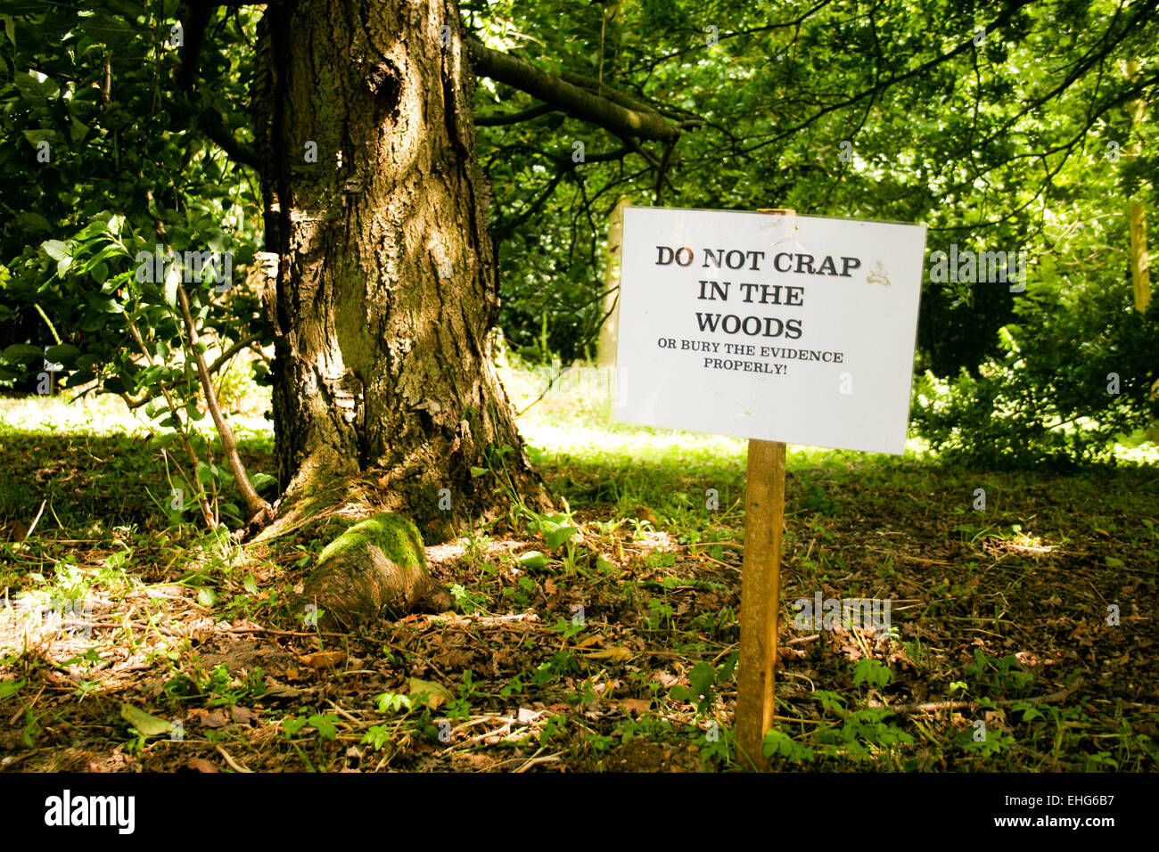 Funny sign dans les bois à un festival. Banque D'Images