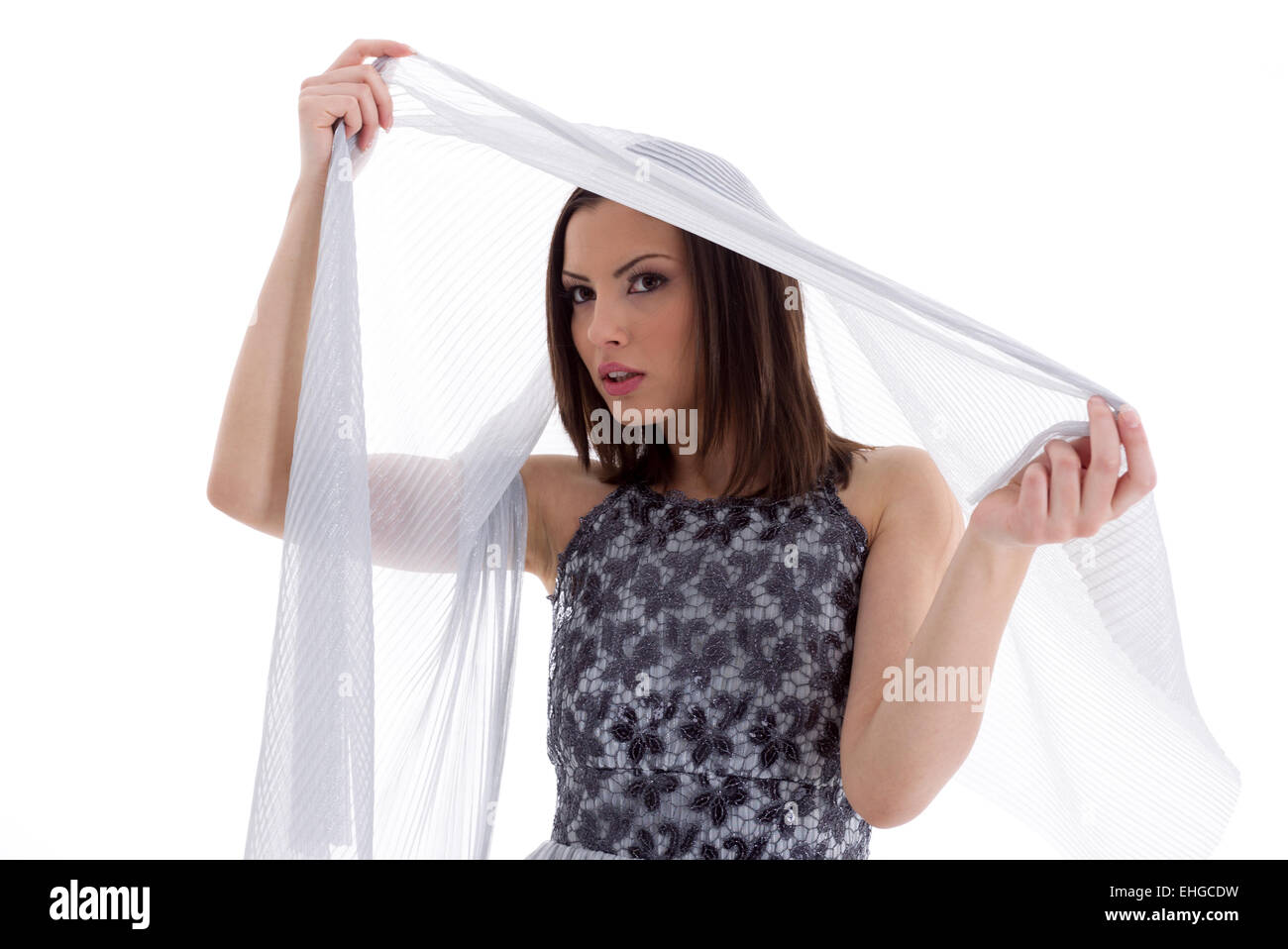 Belle femme dans une robe grise qui pose pour une séance photo Banque D'Images