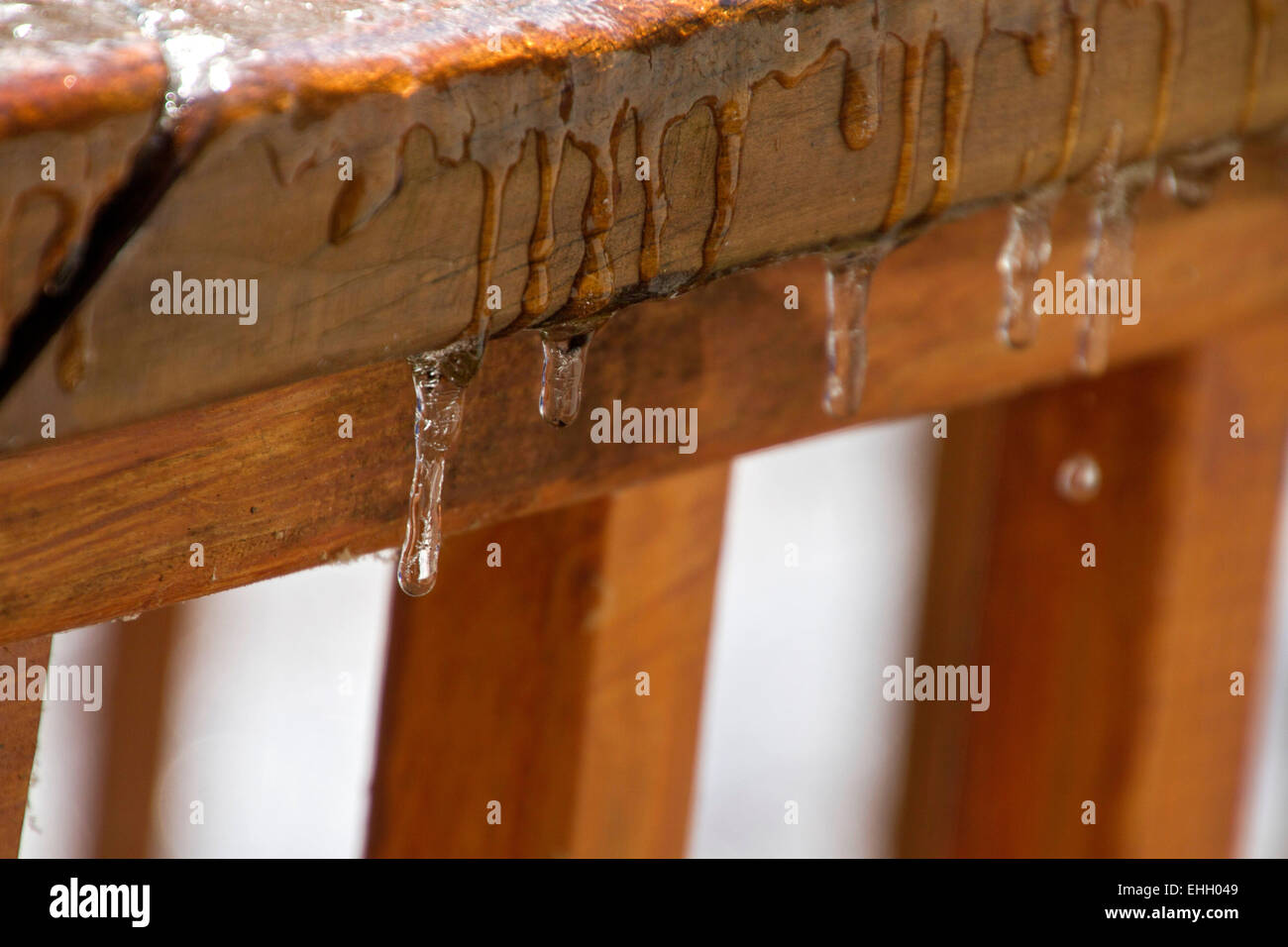 Les petits glaçons fusion dripping off une balustrade en bois du pont dans un dégel en hiver Banque D'Images