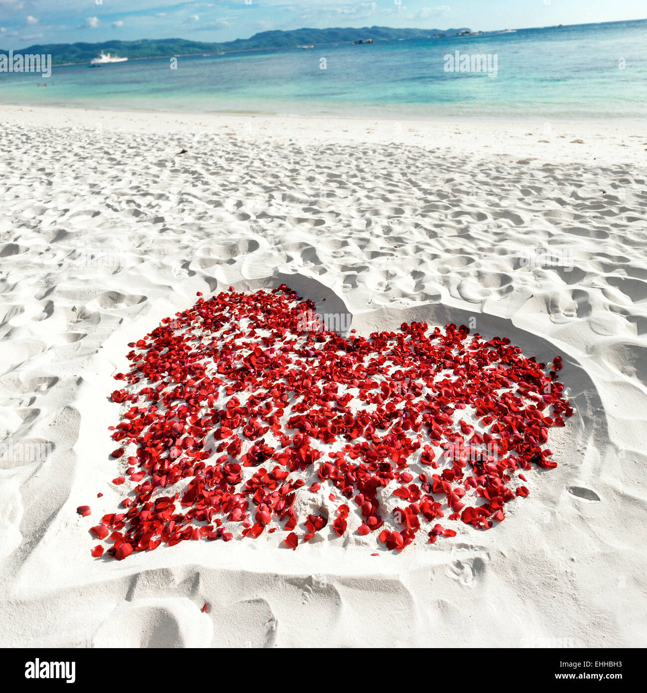 Coeur de pétales de roses de la médecine tropicale et plage de sable. Personne n. Concept d'amour Banque D'Images