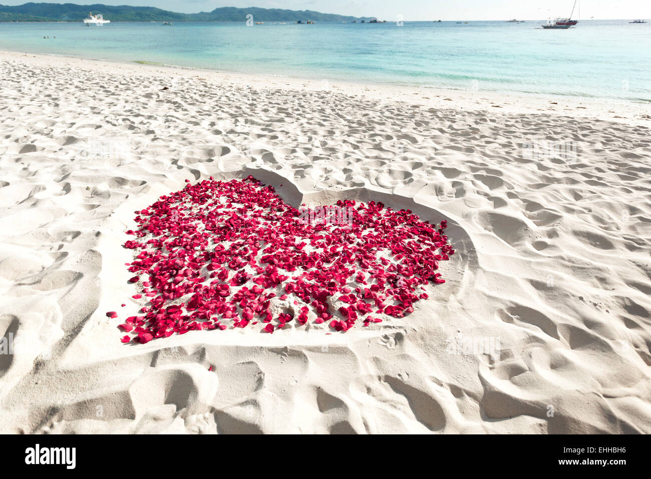 Coeur de pétales de roses de la médecine tropicale et plage de sable. Personne n. Concept d'amour Banque D'Images