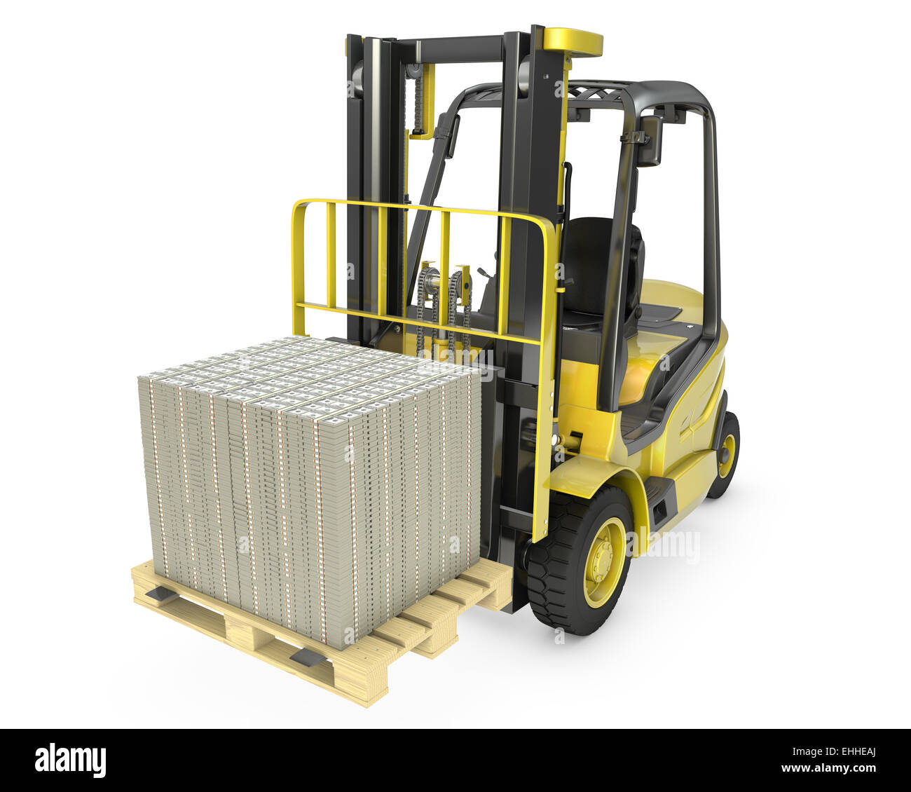 Chariot élévateur à fourche jaune se déplace dollars empilés Banque D'Images