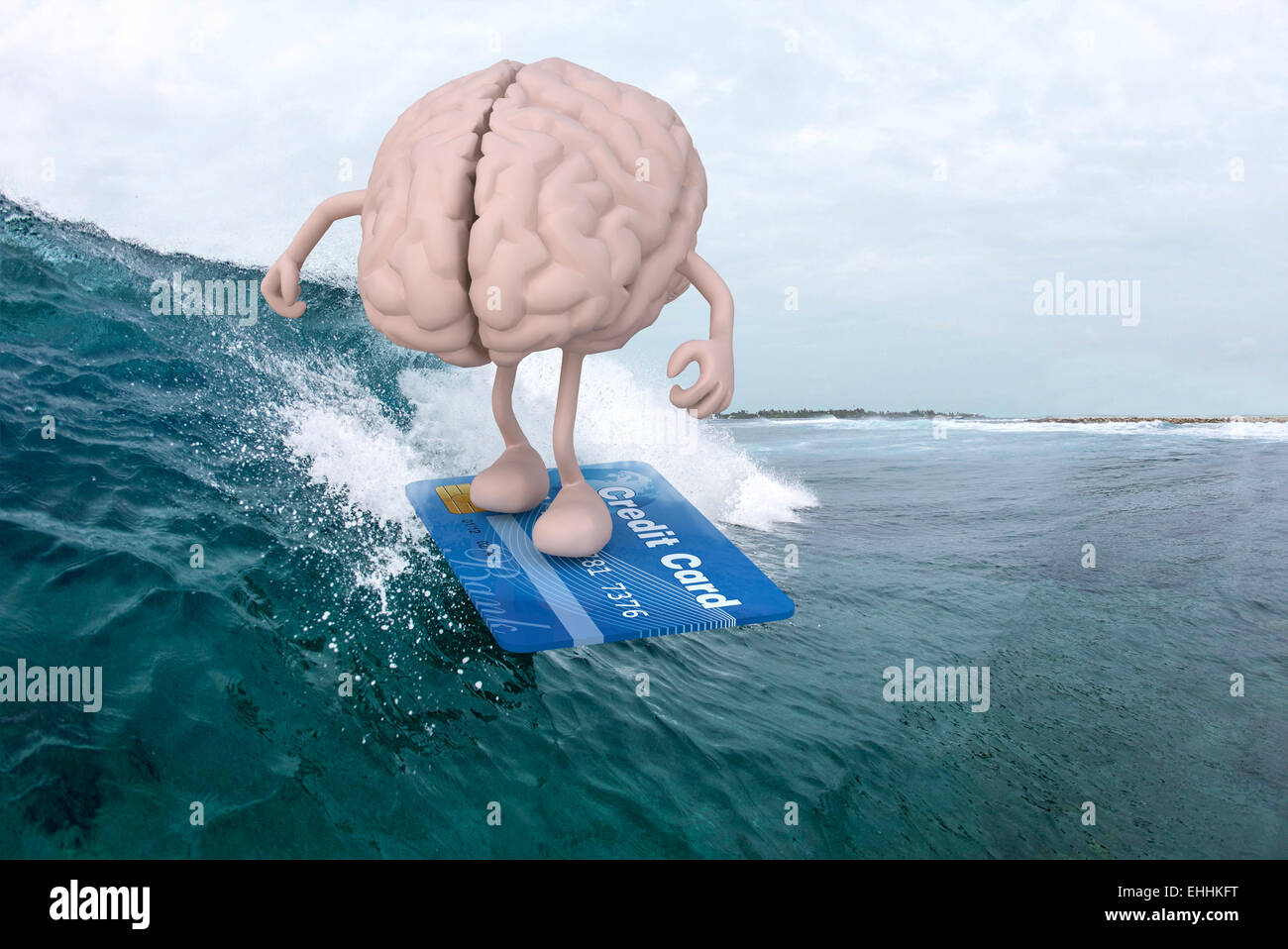 Cerveau humain avec des bras et des jambes avec surf surfboard de carte de crédit, 3d illustration Banque D'Images