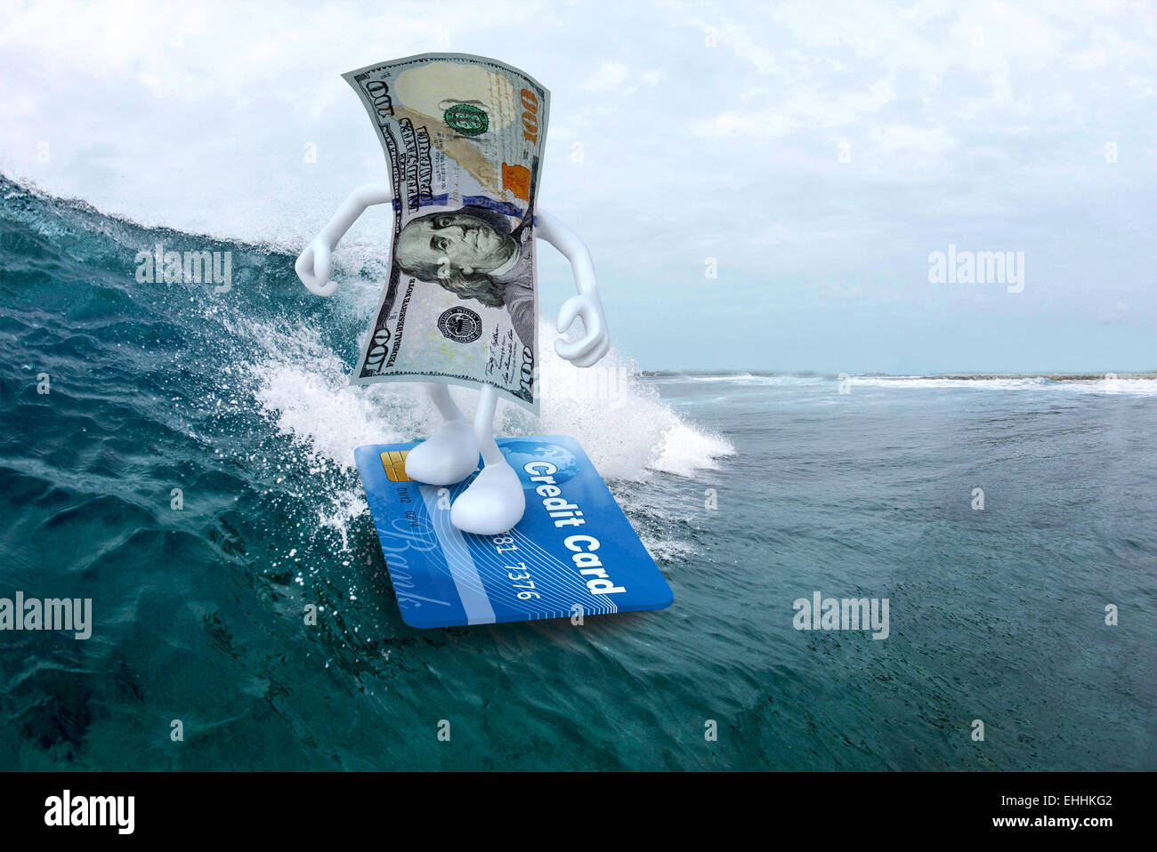 Billet de dollar avec les bras et les jambes avec surf surfboard de carte de crédit, 3d illustration Banque D'Images
