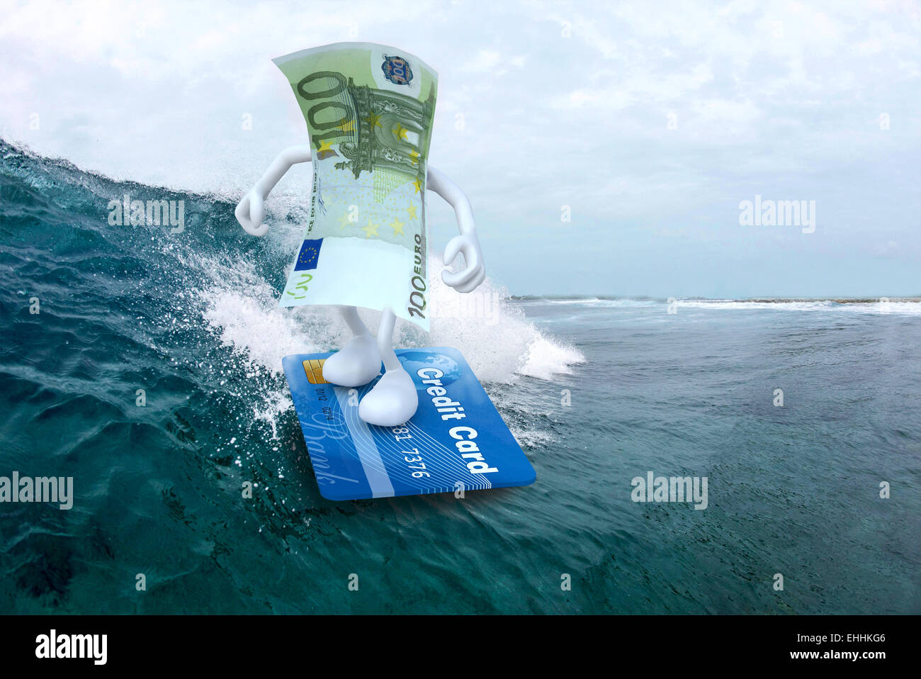 Billet d'euro avec les bras et les jambes avec surf surfboard de carte de crédit, 3d illustration Banque D'Images