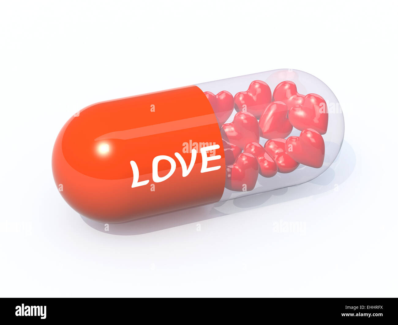 Pilule rouge avec amour écrit rempli de cœurs, isolé 3d illustration Banque D'Images