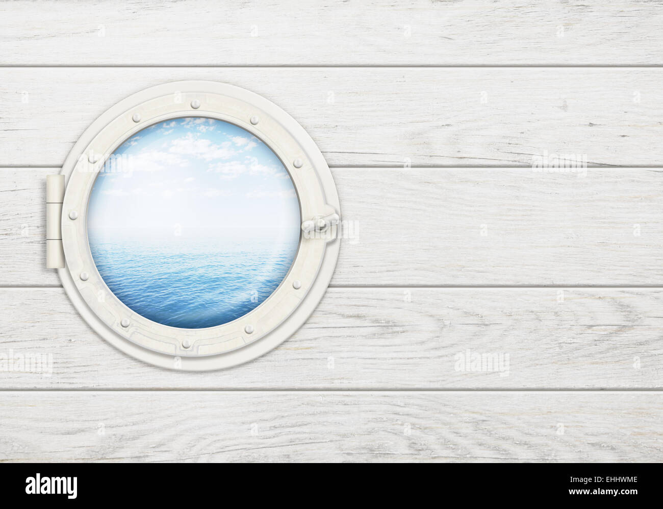 Fenêtre de navire ou d'un hublot sur mur en bois blanc, avec vue sur la mer ou l'horizon de l'océan Banque D'Images